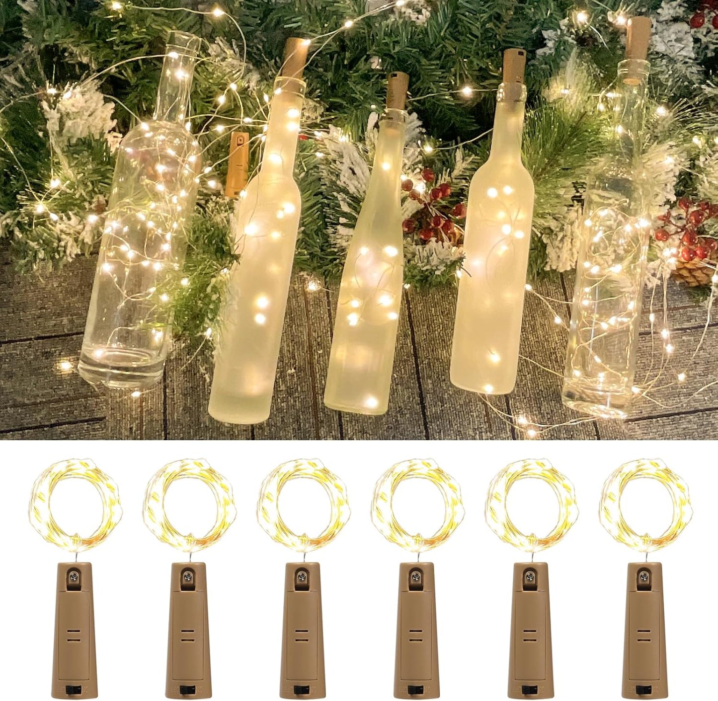 6-Pack LED Bottle Lights with Dual Battery Pack, 6.6ft 20 LEDs, Twice The Runtime, Warm White for Indoor & Outdoor Christmas Décor.(6 Pack, Warm White（Dual Battery Pack）)