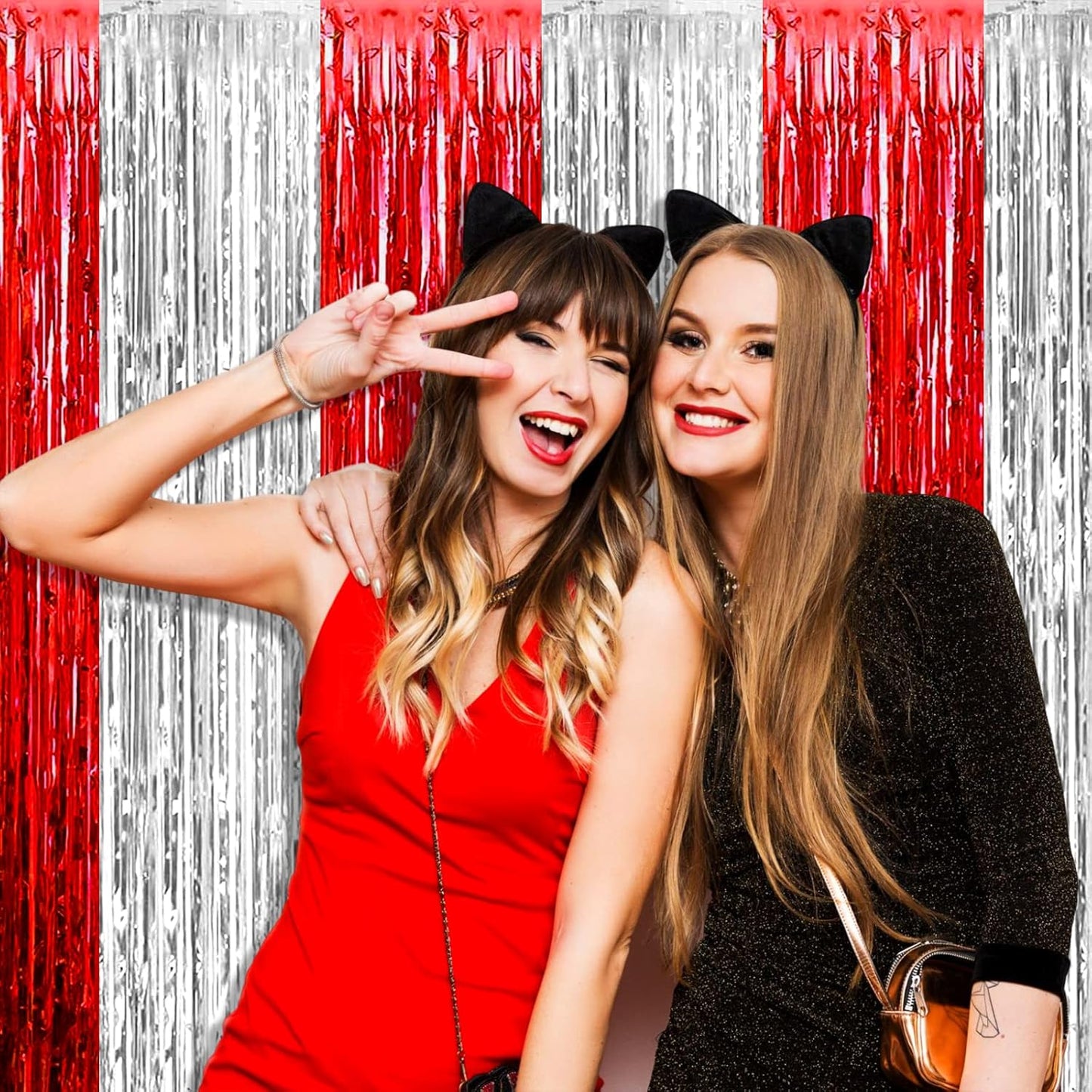 4 Pack Silver Red Foil Fringe Curtain Backdrop, 3.28Ft x 8.2Ft Metallic Tinsel Foil Fringe Streamers Curtains for Photo Booth, Wedding, Circus Welcome Carnival Birthday Party Decoration