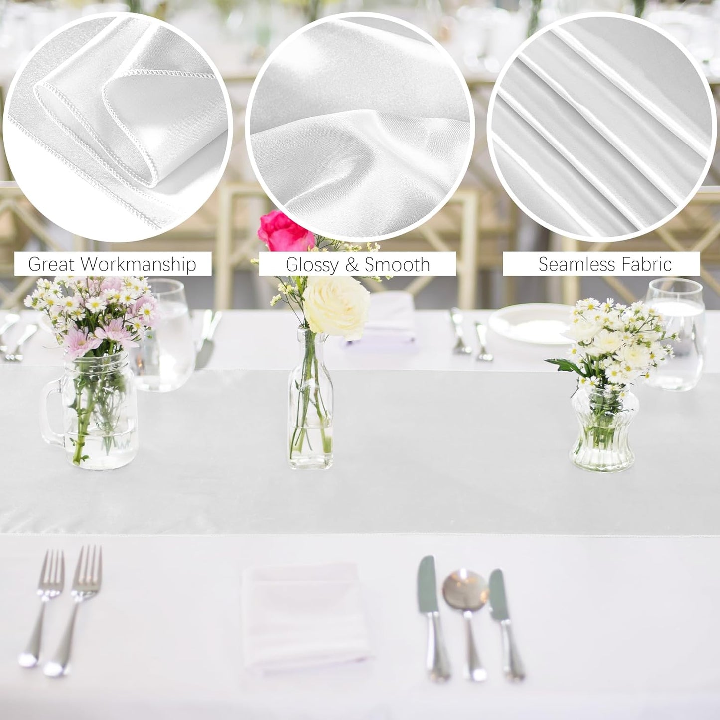 Aneco 12 Pack Satin Table Runner 12 x 108 Inch White Long Wedding Satin Silk Table Runner for Wedding Banquet Graduations Birthday Party Decoration