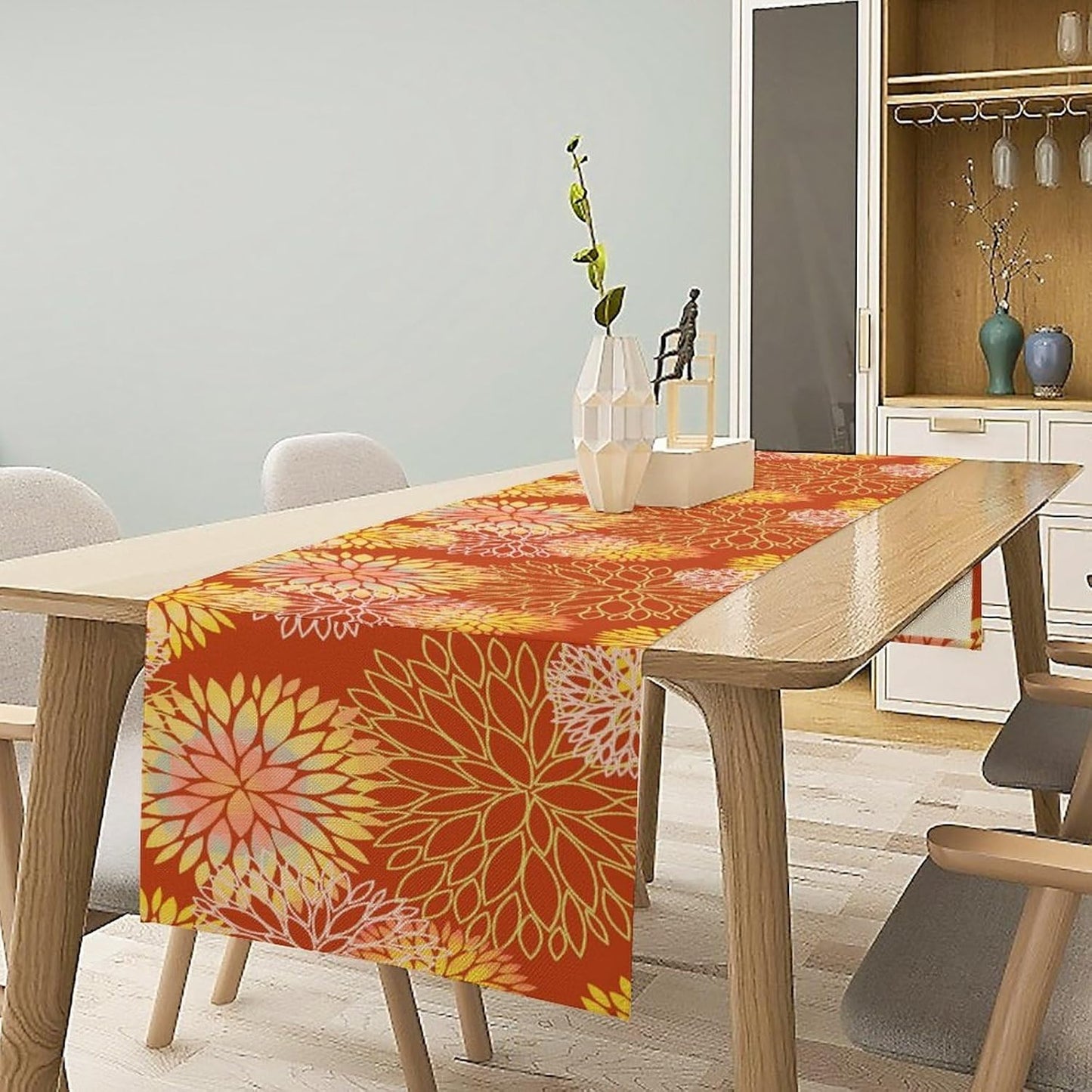 Yellow Floral Table Runner, Chrysanthemum Autumn Spring Summer Vintage Modern Linen Geometric Table Runner for Kitchen Living Room Bedroom Party Holiday, 13x70 Inch