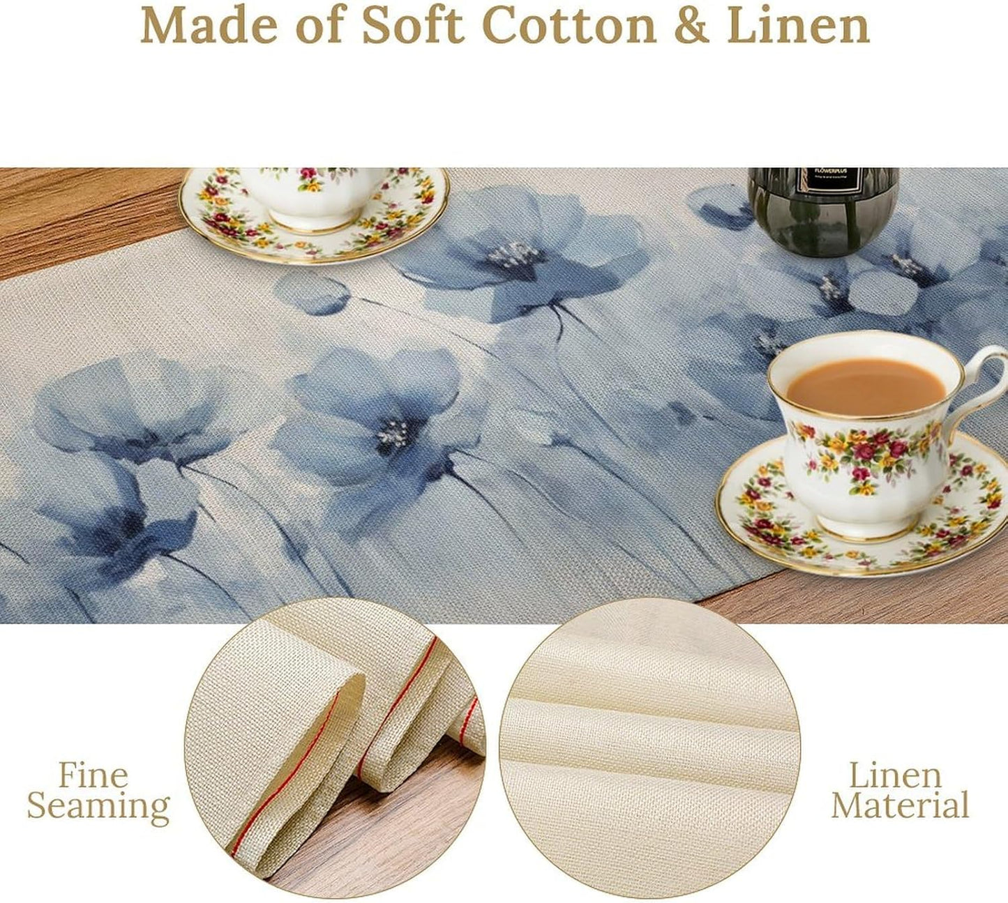 Abstract Floral Table Runner, Blue Poppy Flower Modern Art Print Kitchen Dinning Table Runner for Indoor Outdoor Home Wedding Party Holiday, 13x36 Inch