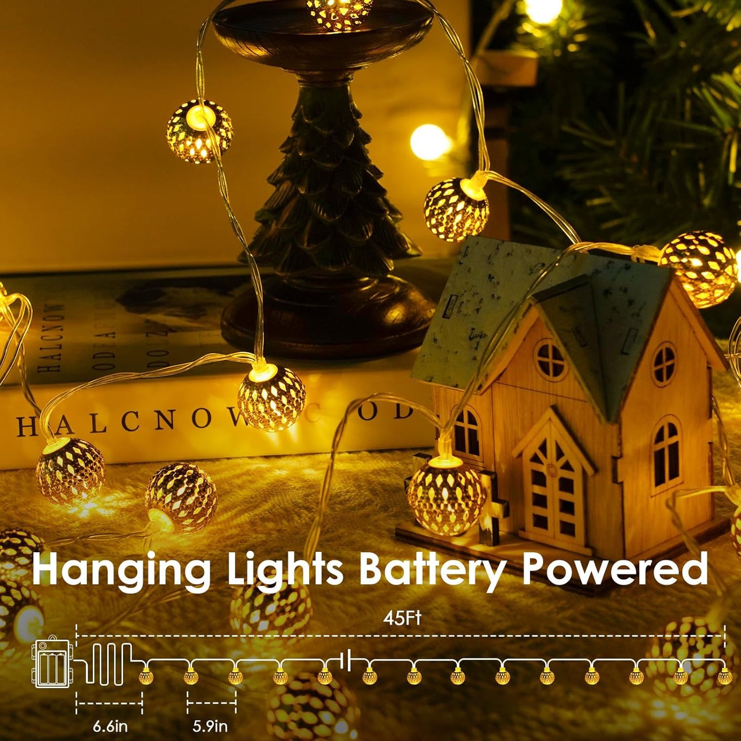 LORRYTE Moroccan String Lights Outdoor Battery Operated, 60 LED 36 FT Globe Fairy Lights with 8 Lighting Modes, String Lights for Bedroom Party Wedding Garden Christmas Decor (Warm White)