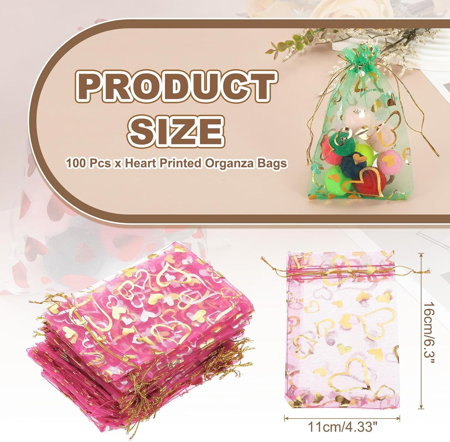 PATIKIL 100 Pcs 4x6 Inch Heart Printed Organza Bags, Rose Red Sheer Heart Organza Bags with Drawstring for Christmas Candy Jewelry Party Wedding Favor Gift