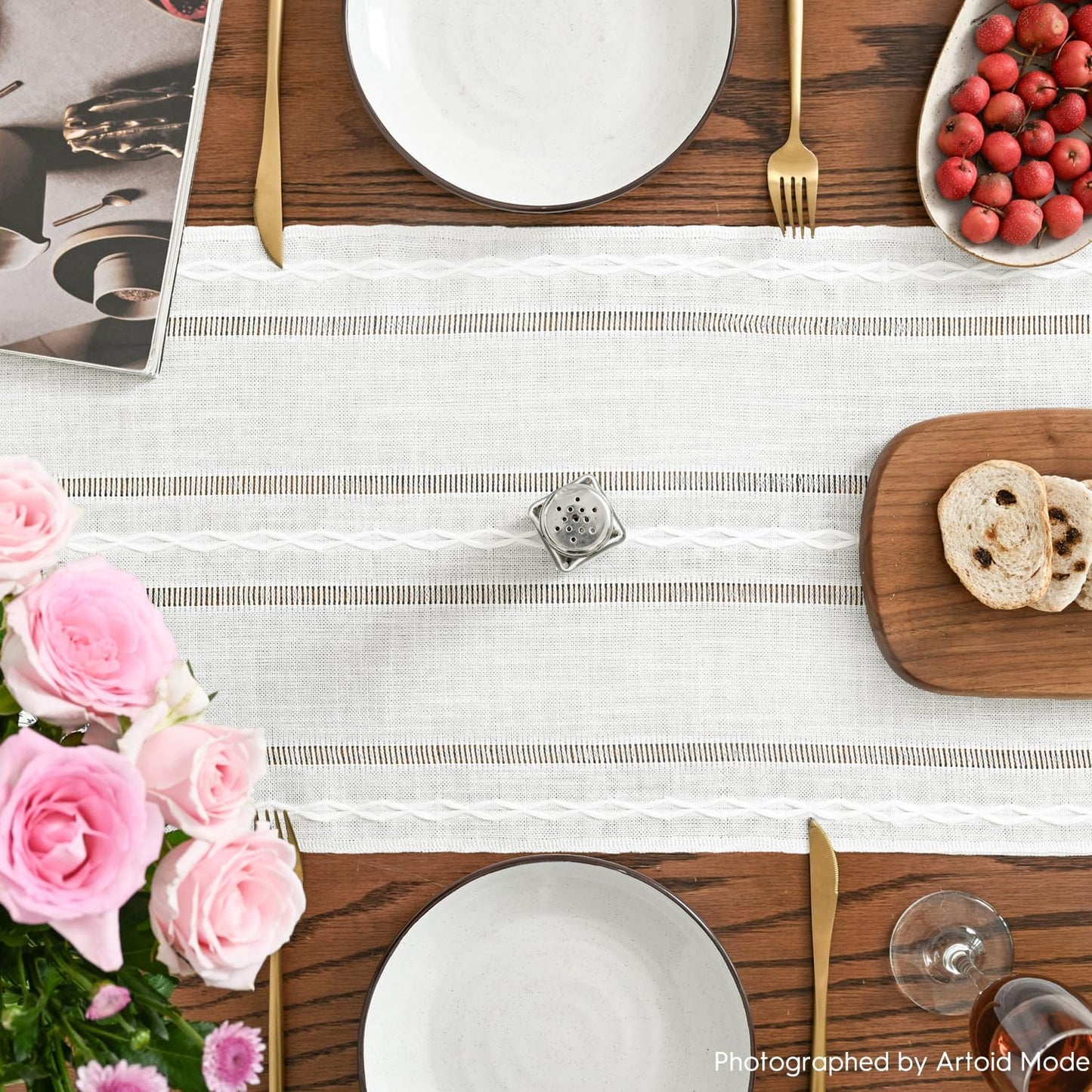 Artoid Mode Rustic Cotton Linen Table Runner, Seasonal Embroidered Hollow Kitchen Dining Table Decoration for Home Party Decor 13x72 Inch