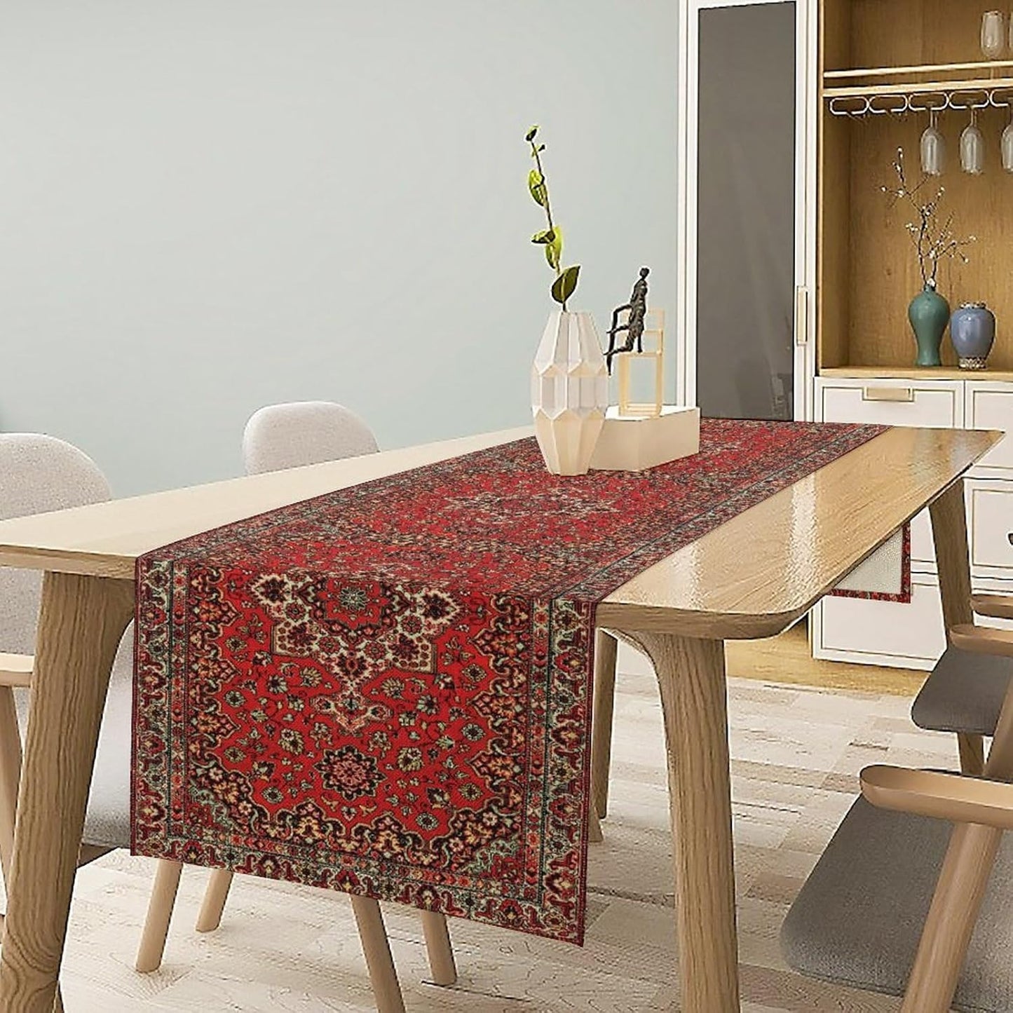 Vintage Boho Floral Table Runner, Rustic Country Farmhouse Red Black Retro Flower Pattern for Home Kitchen Table Decor Dining Coffee Room Party Decor 13x120in