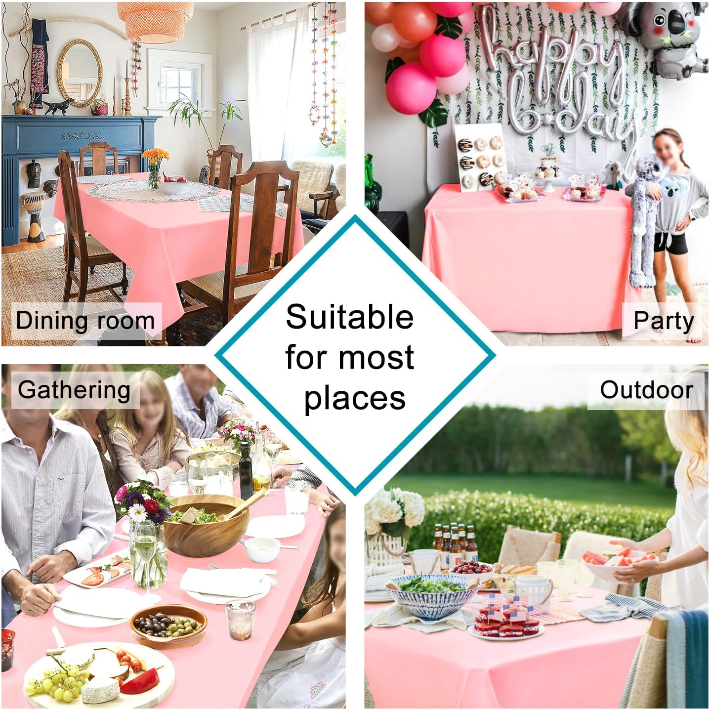 Hiasan Waterproof Tablecloth Rectangle - Washable Fabric Table Cloth for Dining Room Kitchen Birthday Party and Outdoor Use, Rose Pink, 70 x 90 Inch