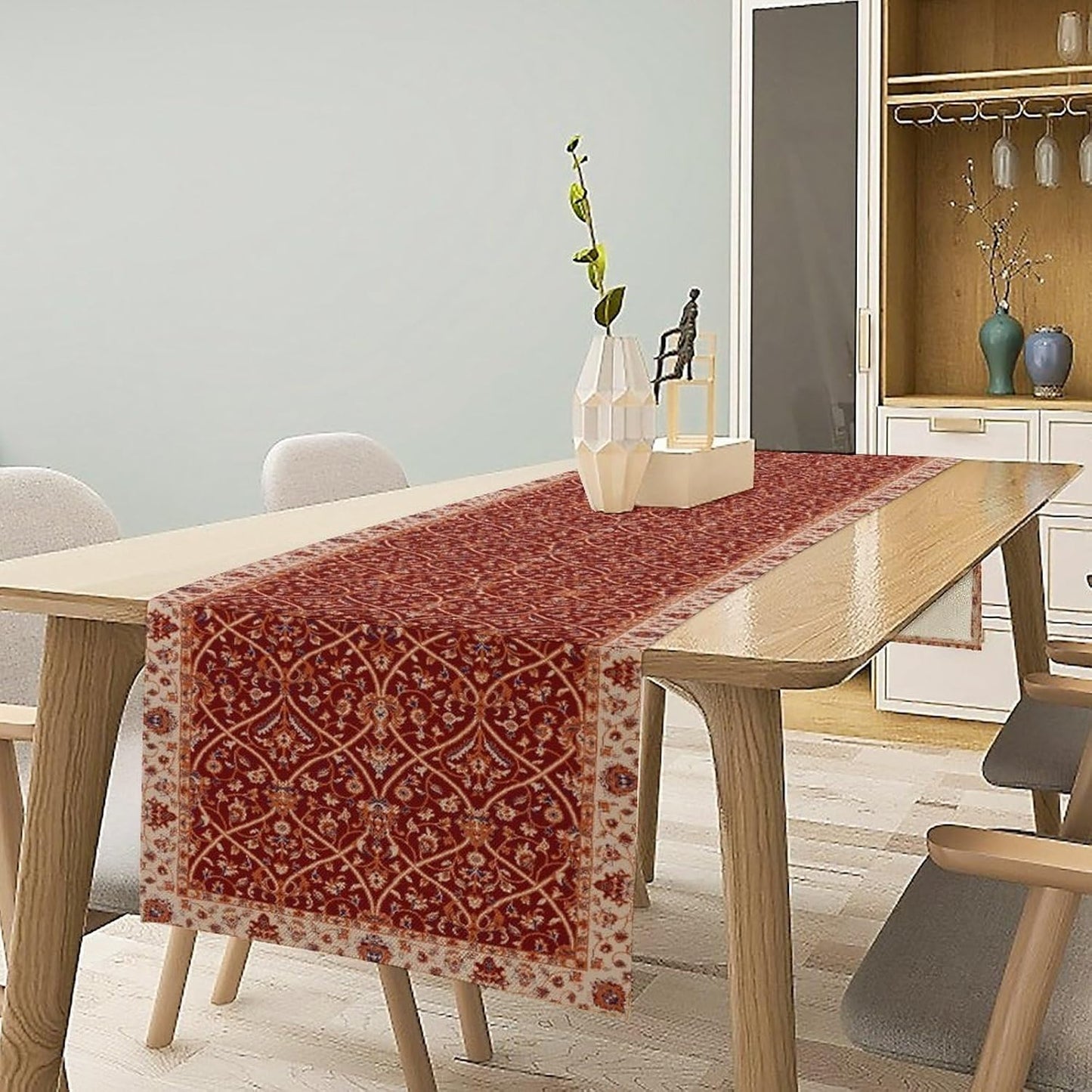 Boho Floral Vintage Table Runner, Red Retro Flower Rustic Country Farmhouse Abstract Pattern for Home Kitchen Table Decor Dining Coffee Room Party Decor 13x120in