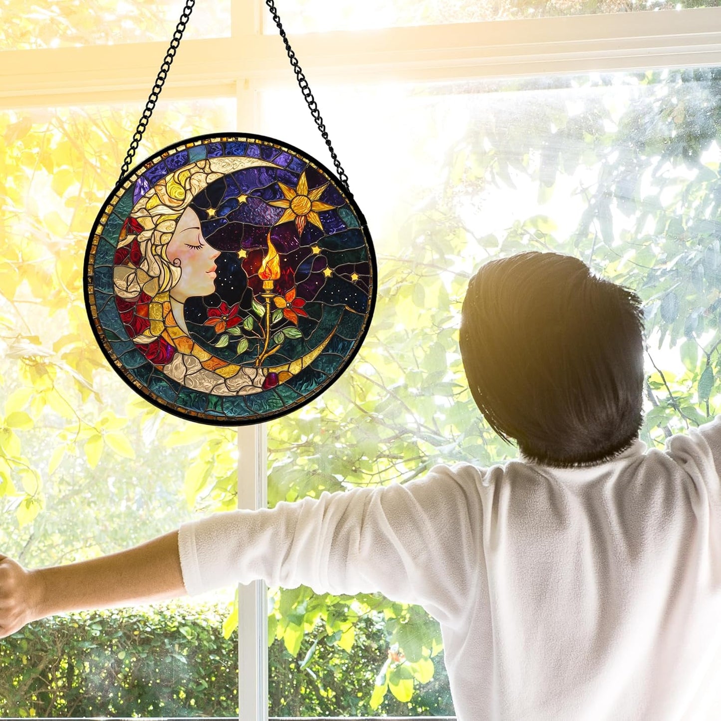 Stained Glass Window Hanging, Moon Goddess Torch Suncatcher Diamond Glass Panel Hangings Dream Sun Catchers Decor for Birthday for Women, Men, Wife, Aunt, and Mom 6.3 in