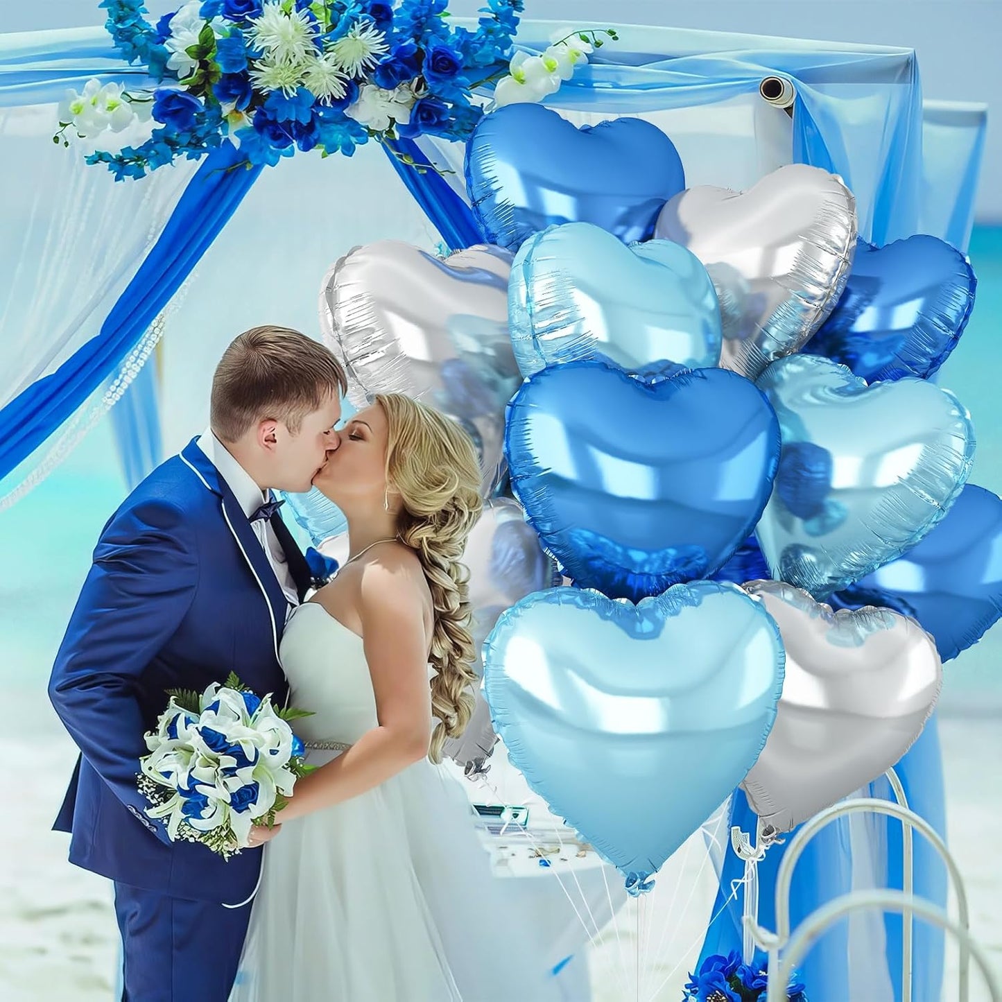Blue Silver Heart Balloons,12Pcs Light Blue Heart Shaped Foil Balloons,18Inch Silver Helium Balloon for Baby Shower Birthday Anniversary Wedding Party Decorations