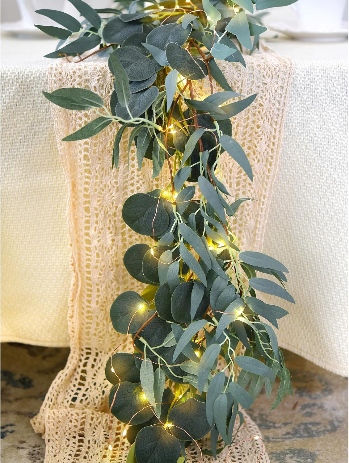 FiveSeasonStuff Rustic Willow and Eucalyptus Garlands – Lifelike Greenery with USB-Powered 100 LED String Lights – Perfect for Weddings, Home Decor, Events, and Seasonal Decorations