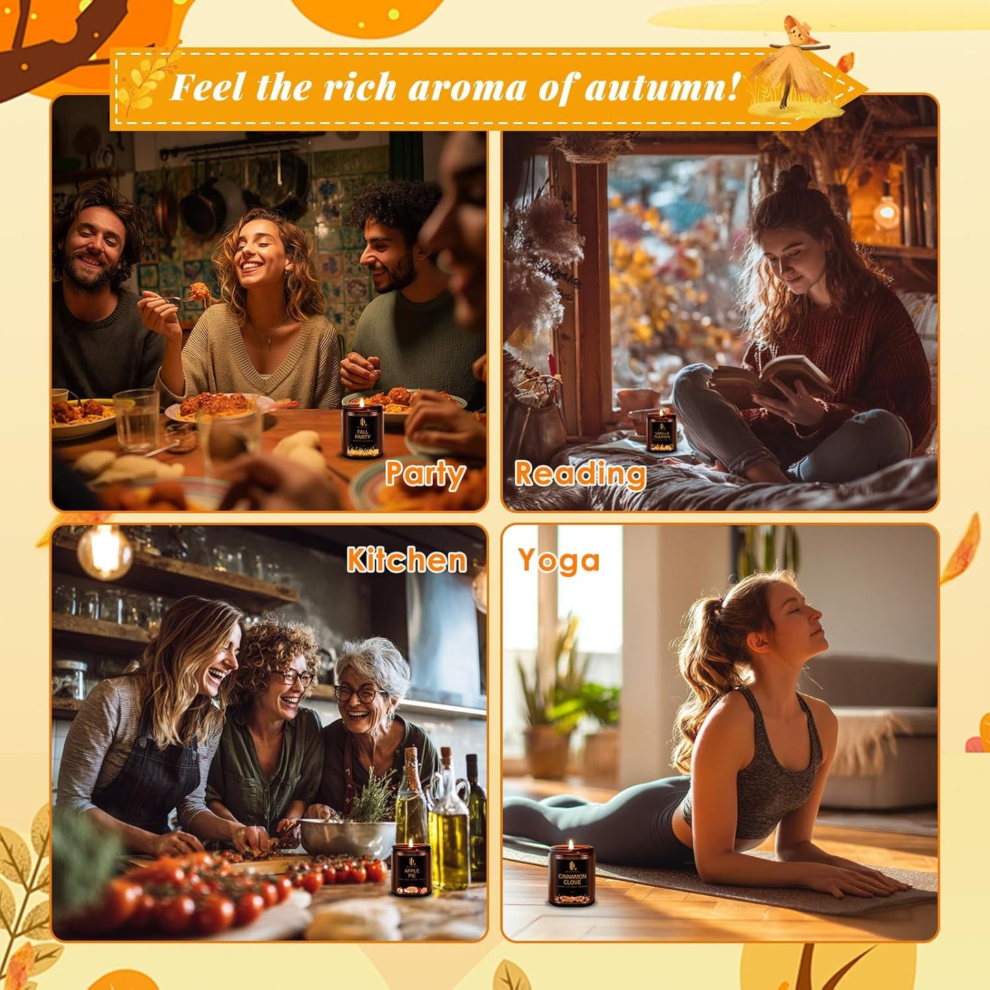 Fall Candle Set, Fall Scented Candles for Home, 4 Pack Soy Candle Set, Autumn Gifts for Women Men, Autumn Scents of Vanilla Pumpkin/Cinnamon Clove/Apple Pie/Fall Party