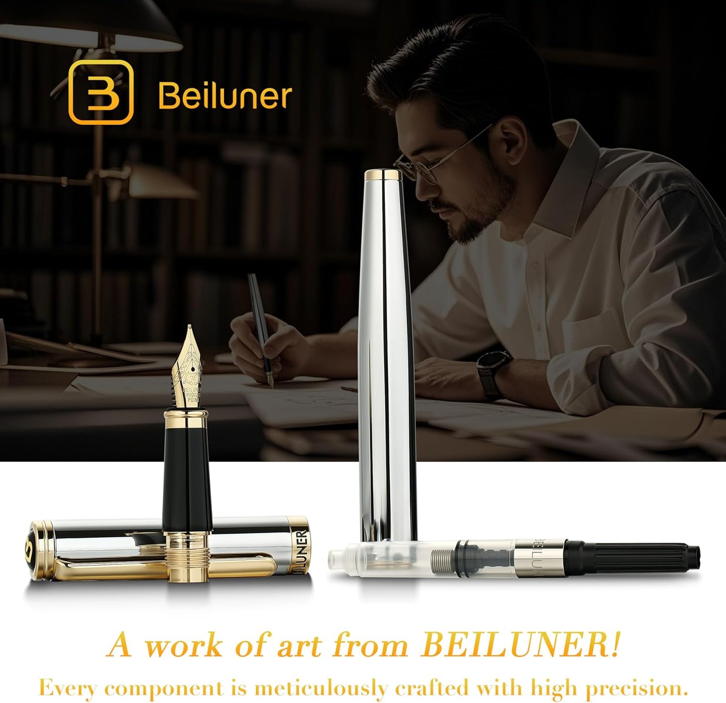 BEILUNER Silver Chrome Fountain Pen,Stunning Luxury with 24K Gold Accents, Gorgeous 24K Gilded Nib(Medium), Fancy Pen Gift for Men&Women -Ink Converter-Elegant, Office,Nice Pen for Writing