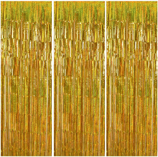 TONIFUL 3Pcs Laser Gold Door Streamers, Metallic Foil Fringe Curtains for Birthday, Christmas, New Year, Bachelorette, Graduation Parties (9.9ft x 6.6ft)