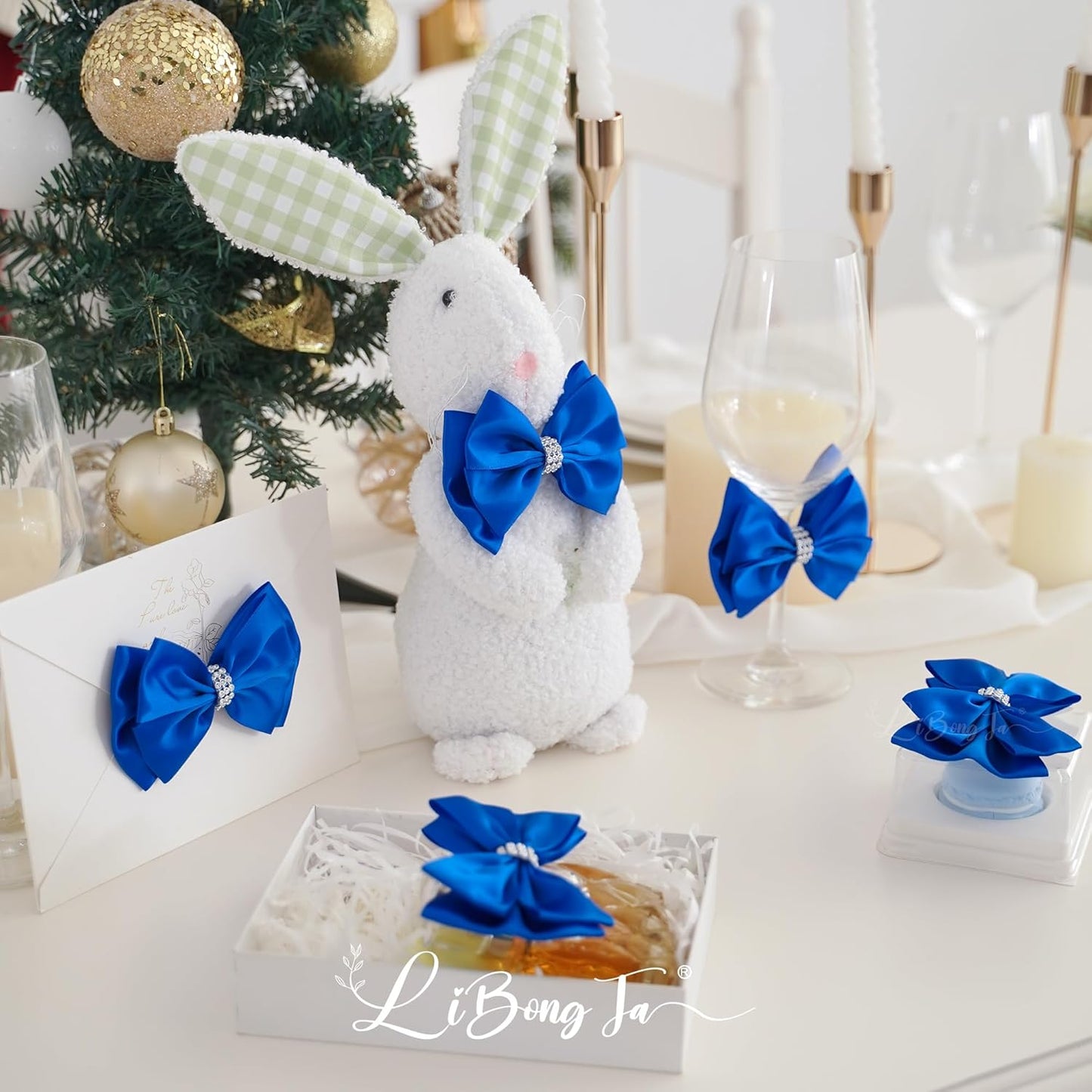 Royal Satin Bows 4'' Premade Blue Ribbon Bow, Gift Bows with Rhinestone, Wrapping Bows for Presents, Greeting Cards, Treat Bags, Wine Bottles, Valentines Bows for Gift Wrapping-12 Counts