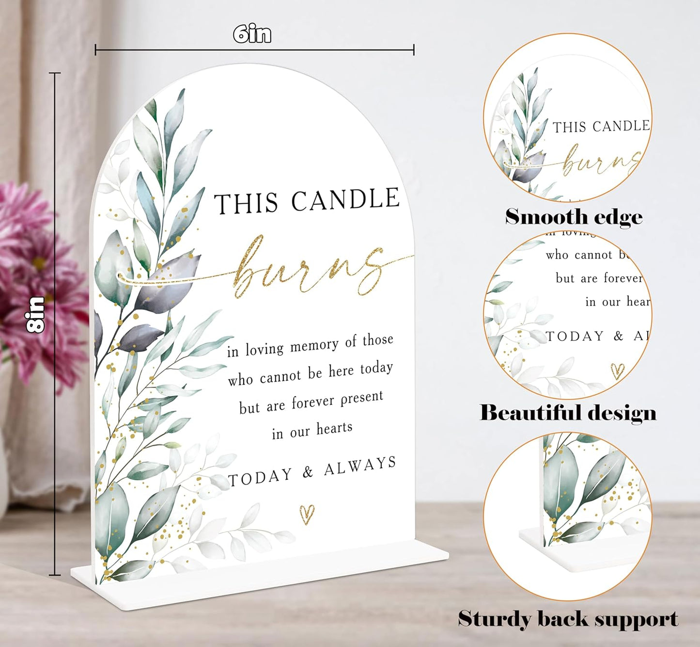 Acrylic Wedding Signs, Greenery Theme This Candle Burns in Loving Memory of, Memorial Table Sign for Wedding, Bridal Shower Table Decor with Stand, Engagement, Anniversary, Newlywed Event Supplies, 25