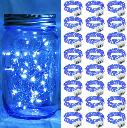 24 Pack Blue Fairy Lights 7Ft 20 LED Twinkle String Lights 3 Modes Battery Operated Waterproof Firefly Starry for Mason Jar Party Wedding Christmas Valentines Day Table Centerpieces