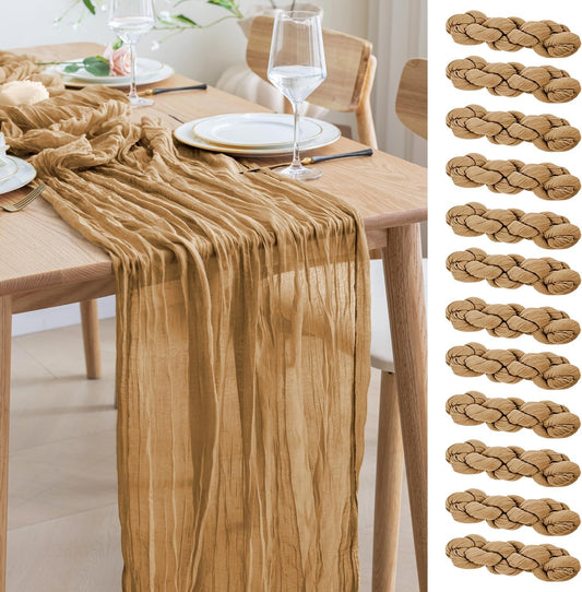 Asee'm 12pcs Cheesecloth Table Runner 120 Inches Long Khaki Boho Gauze Cheese Cloth Runner 10FT Rustic Sheer Table Runners for Christmas Wedding Party Baby Shower Spring Easter Decoration