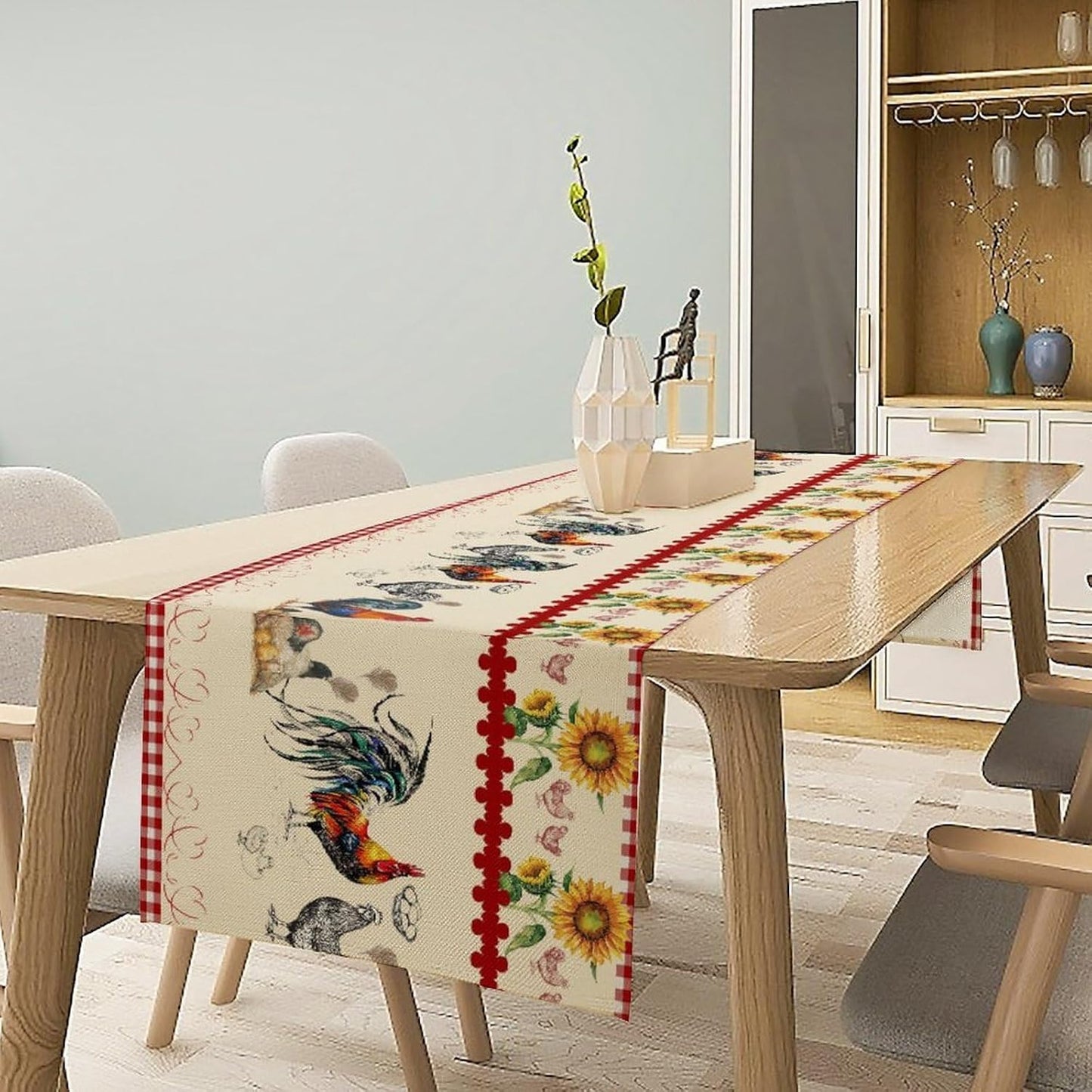 Rustic Rooster Table Runner,Vintage Country Farm Sunflower Chicken Red Plaid Print Tablecloth Burlap for Hotel Indoors Outdoor Dining Room Kitchen Home Decor,W13X L90 in