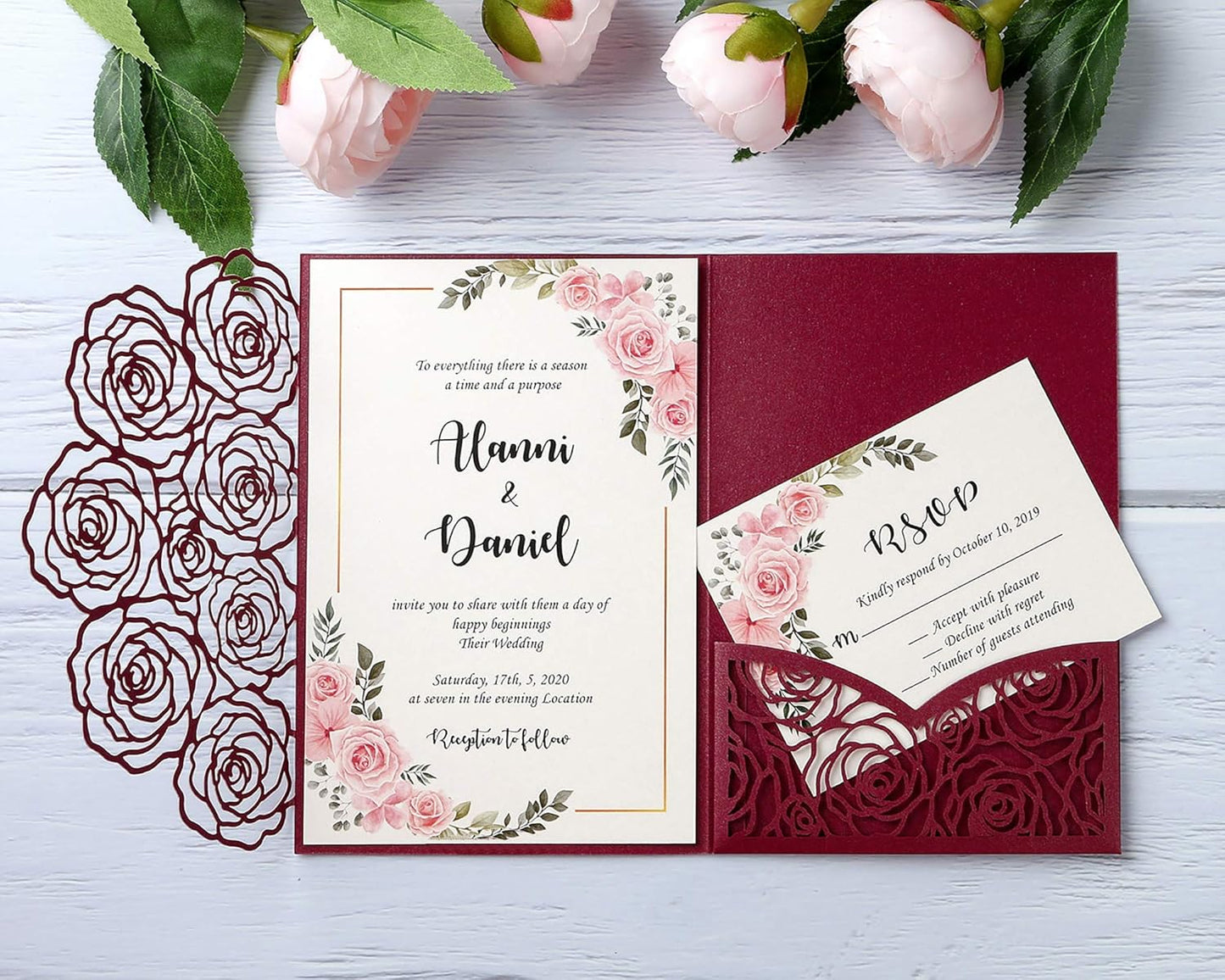 20 Pcs Laser Cut Wedding Invitations Card Pocket with Envelope for Birthday Party Baby or Bride Shower Invite suitable for 5 * 7 Inches Insert Paper (Burgundy)