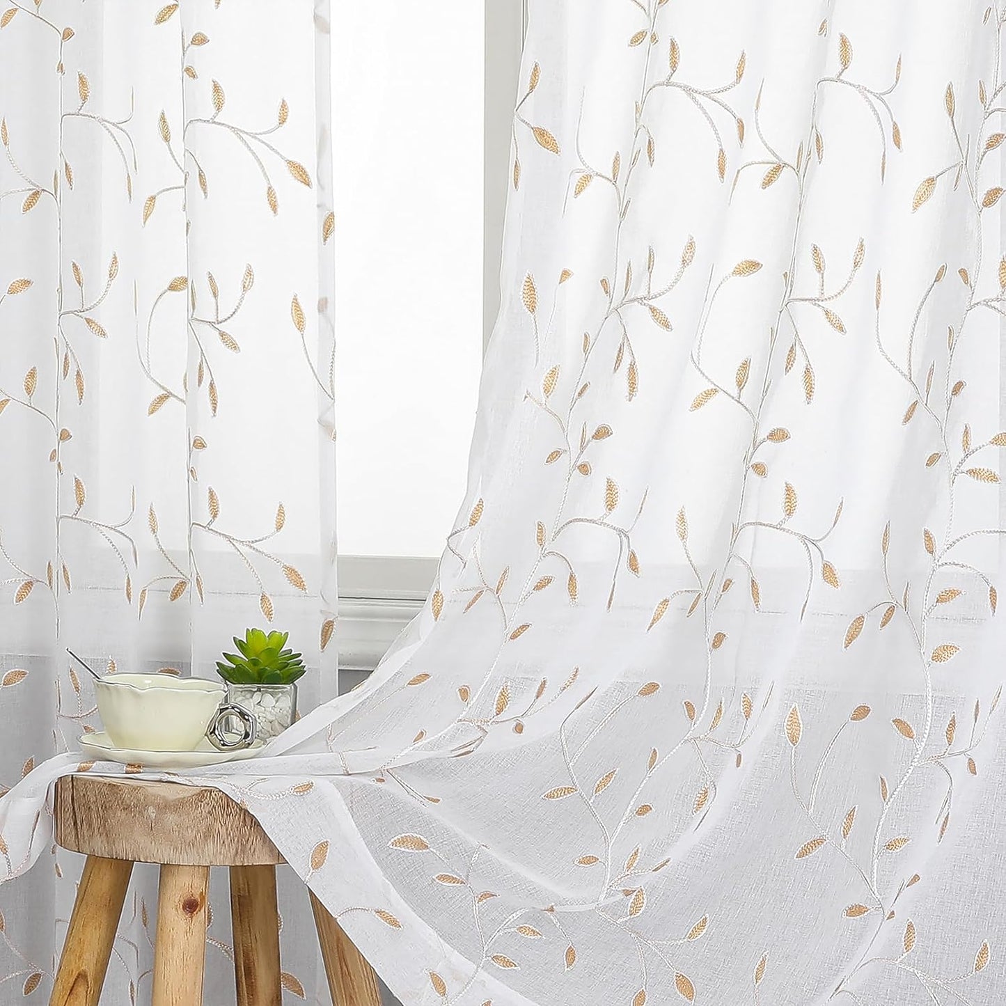 VISIONTEX White Sheer Voile Curtains, Decorative Orange Leaves Embroidery Faux Linen Rod Pocket Window Drapes for Home Kitchen, Living Room and Bedroom 54 x 84 Inch, Set of 2 Curtain Panels