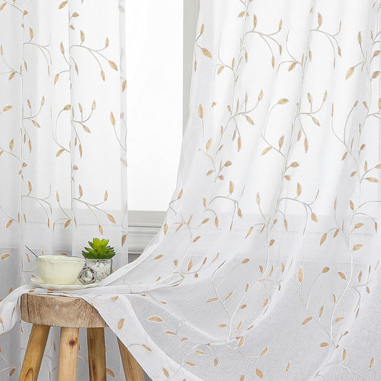 VISIONTEX White Sheer Voile Curtains, Decorative Orange Leaves Embroidery Faux Linen Rod Pocket Window Drapes for Home Kitchen, Living Room and Bedroom 54 x 95 Inch, Set of 2 Curtain Panels