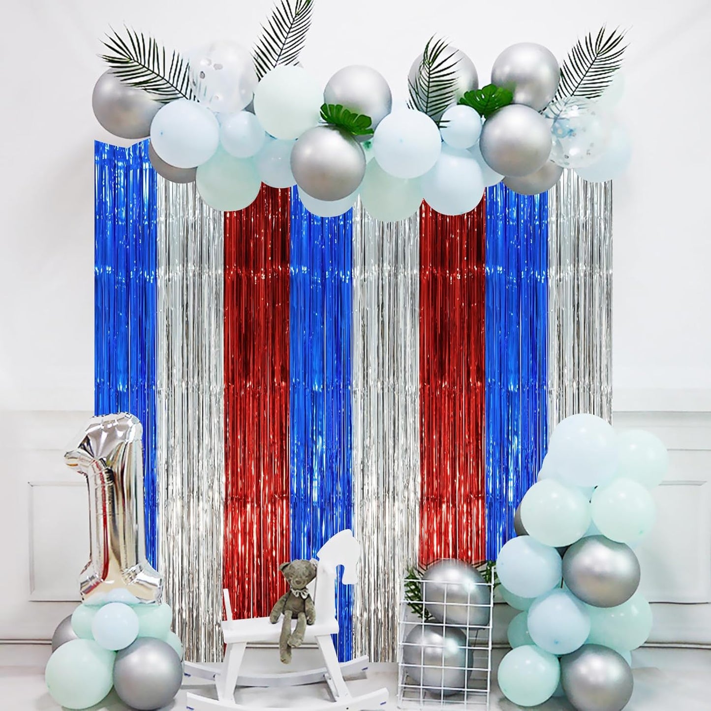 3 Pack 3.3 x 8.2 ft Blue Red Silver Foil Fringe Backdrop Curtains, Tinsel Streamers Party Decorations, Fringe Backdrop, Door Shimmer for Independence Day or Birthday Party