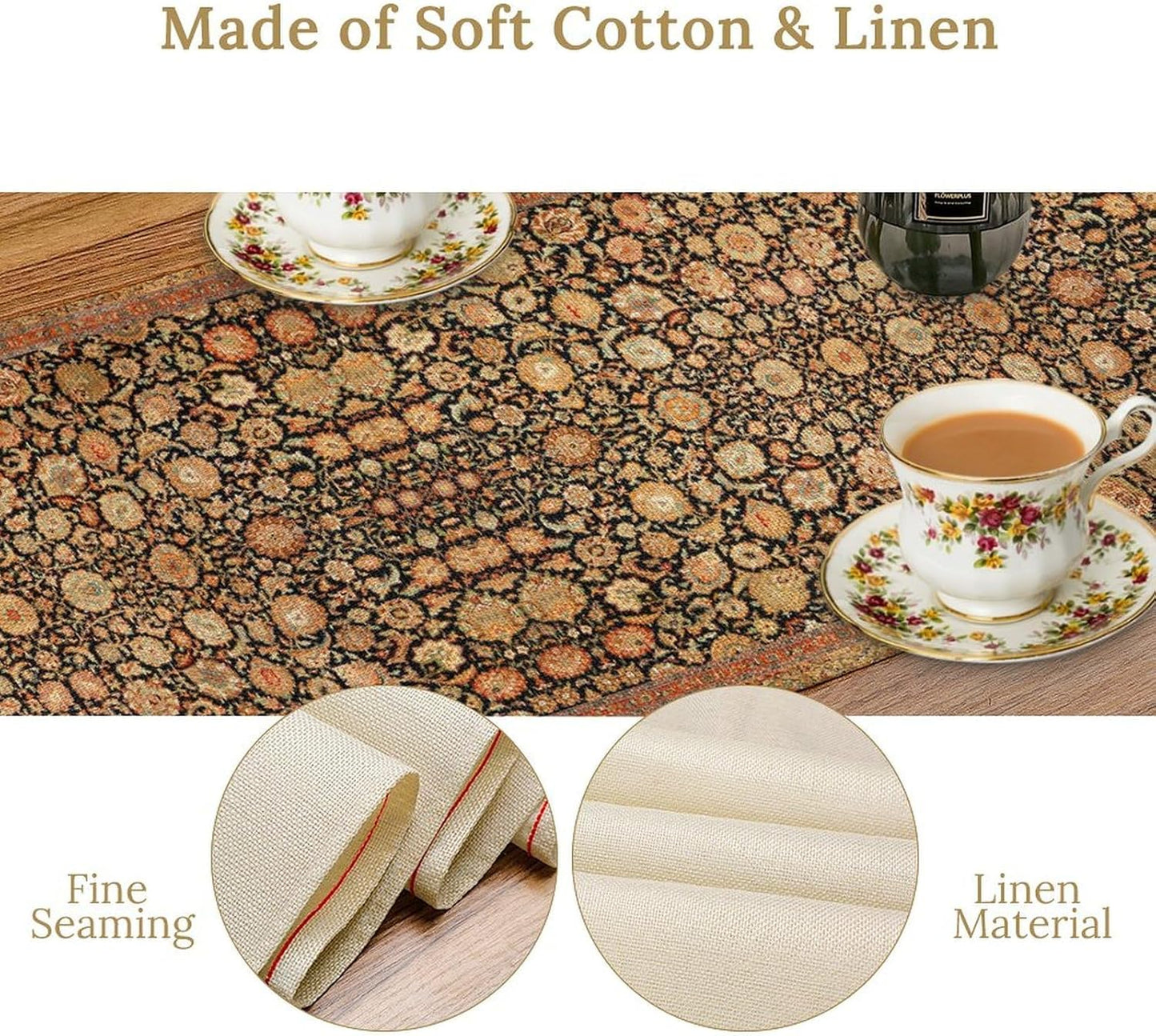 Vintage Boho Floral Table Runner, Rustic Country Farmhouse Orange Yellow Black Retro Flower Pattern for Home Kitchen Table Decor Dining Coffee Room Party Decor 13x36in