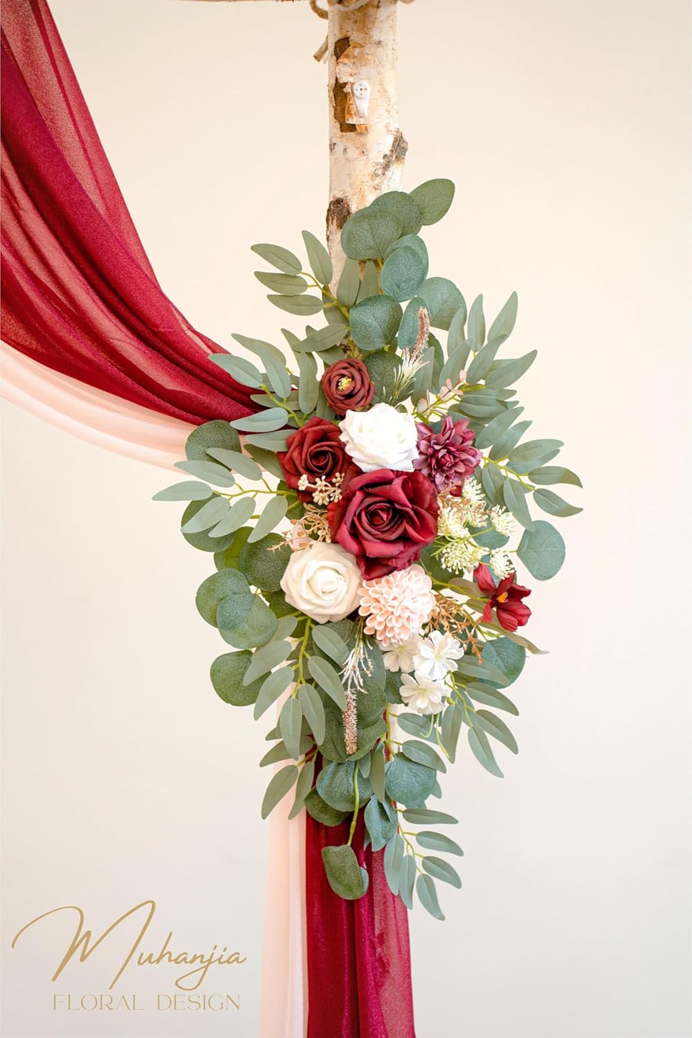 Artificial Wedding Arch Flowers Kit(Pack of 4),2Pcs Artificial Flower Arch Decor, 2Pcs Chiffon Fabric Drapes, Ceremony Decoration, Floral Outdoor Party Decor (Burgundy & Blush)