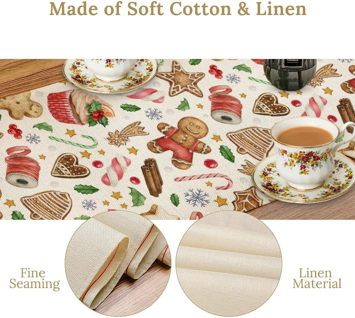 Christmas Table Runner, Christmas Gingerbread New Year Xmas Table Cloth Kitchen Dining Table Decoration for Home Party Decor 13x60 Inch