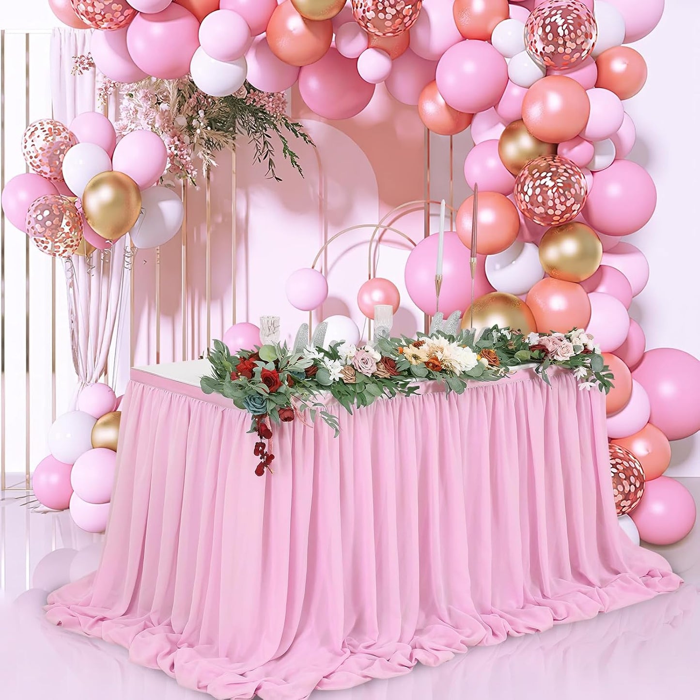 QueenDream Pink Chiffon Table Skirt 6ft Pink Table Cloth for Rectangle Tables Birthday Princess Girl Baby Shower Party