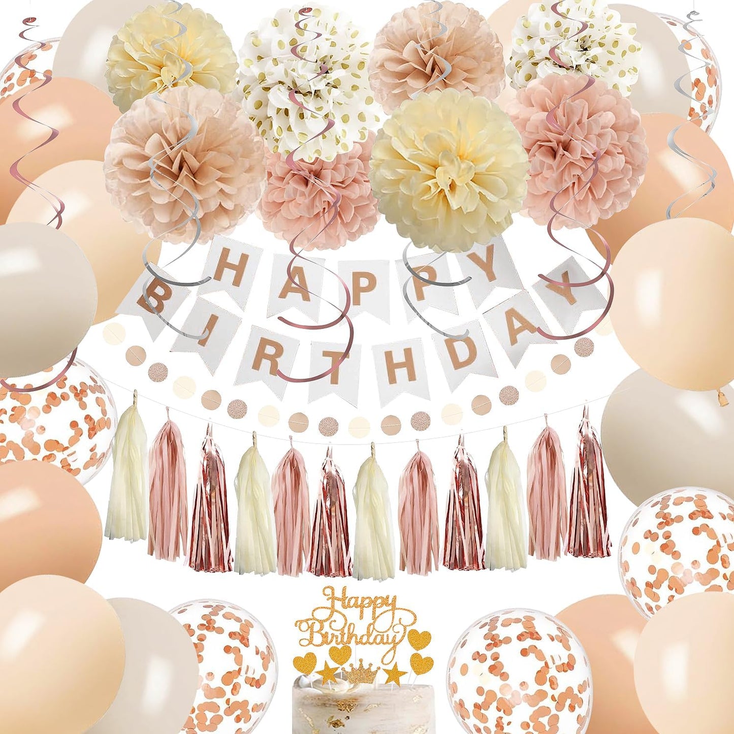 Rose Gold Birthday Party Decorations Kits with Happy Banner,Cake Topper,Hanging Swirls,Tissue Paper Pompoms,Paper Tassels Garland,Confetti Balloons for Women Girls Birthday Party