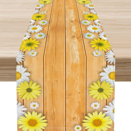 Farmhouse Floral Table Runner, Spring Seasonal Yellow Daisy Sunflower Retro Wooden Country Table Center Decor for Home Kitchen Dining Patio Holiday Party Table Decorations, 13"x36" Inch