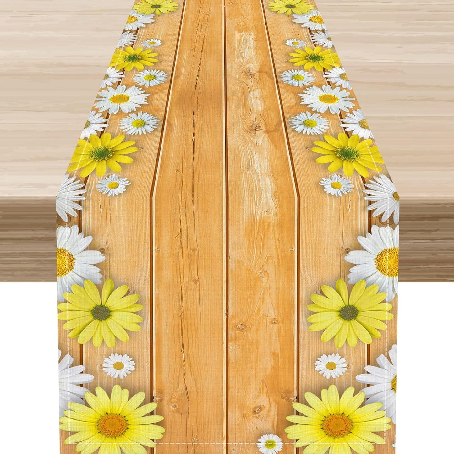 Farmhouse Floral Table Runner, Spring Seasonal Yellow Daisy Sunflower Retro Wooden Country Table Center Decor for Home Kitchen Dining Patio Holiday Party Table Decorations, 13"x90" Inch