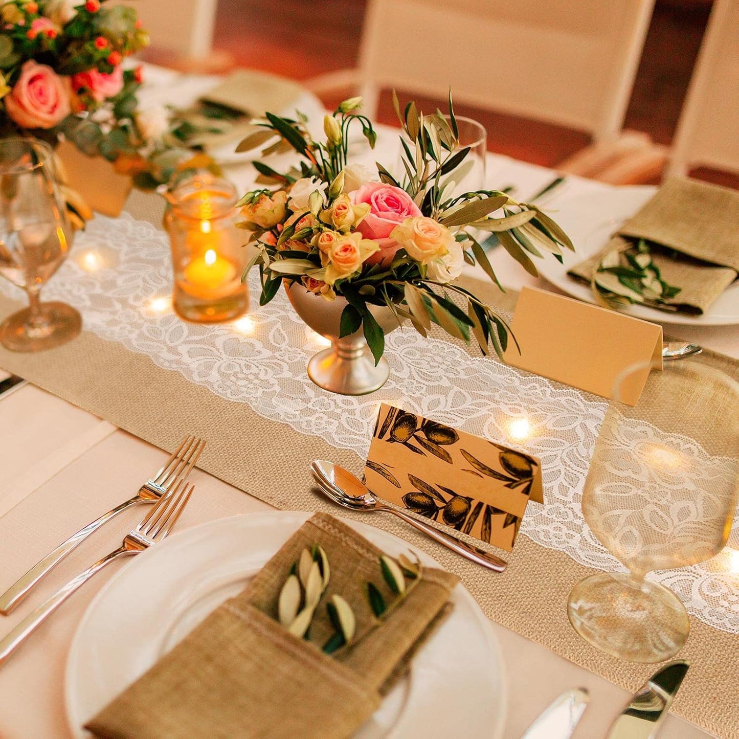 Xinnun 6 Pack Burlap Table Runner with LED String Lights, Modern Rustic Lace Natural Vintage Boho Jute Wedding Table Decor for Farmhouse Thanksgiving Christmas(Modern Neutral,12x70 Inches)