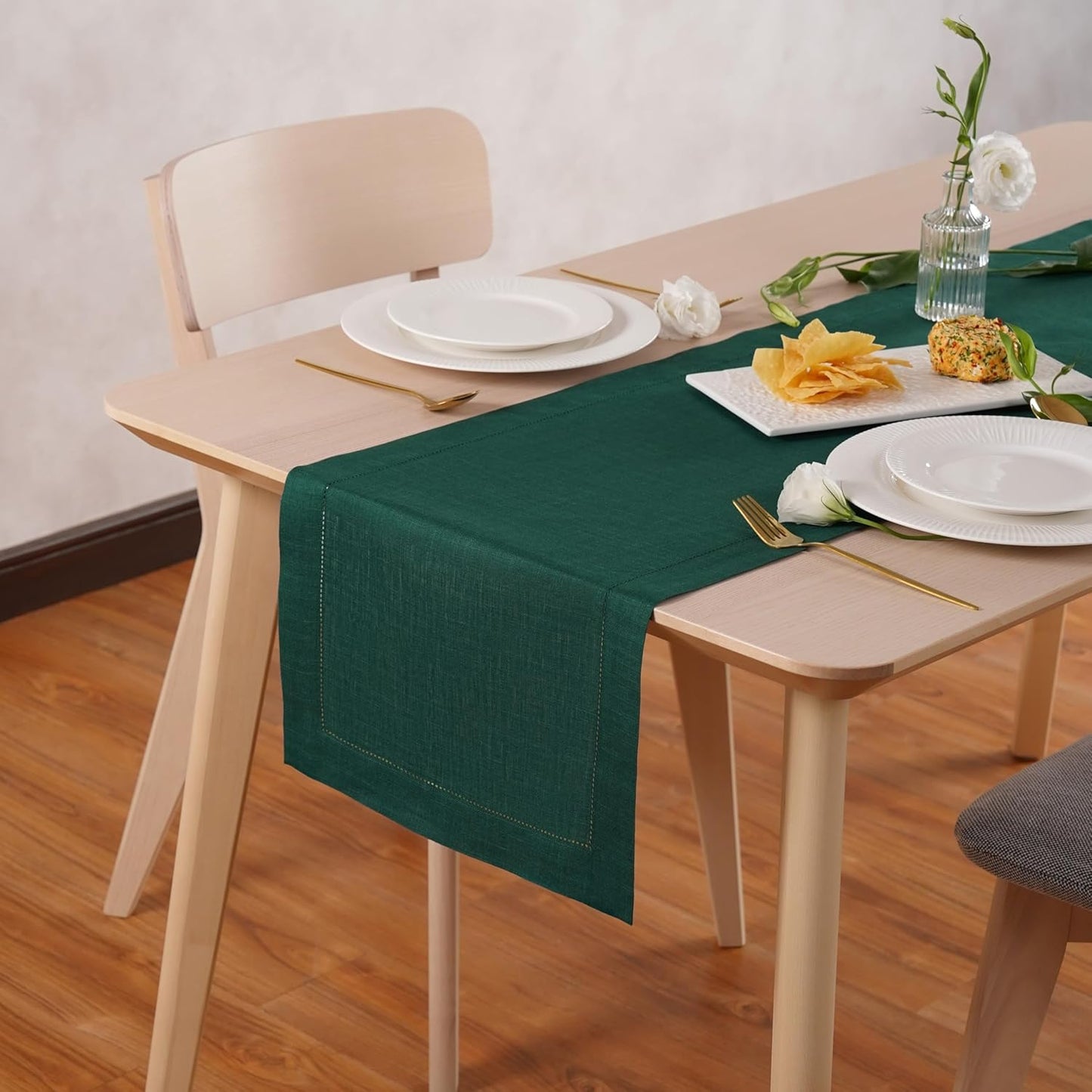 Linen Table Runner 14 x 120 Inch Long - 100% Pure Linen Christmas Green Table Runner - Cloth Fabric Hemstitch Runner for Thanksgiving, Christmas, Winter, New Year - Elara