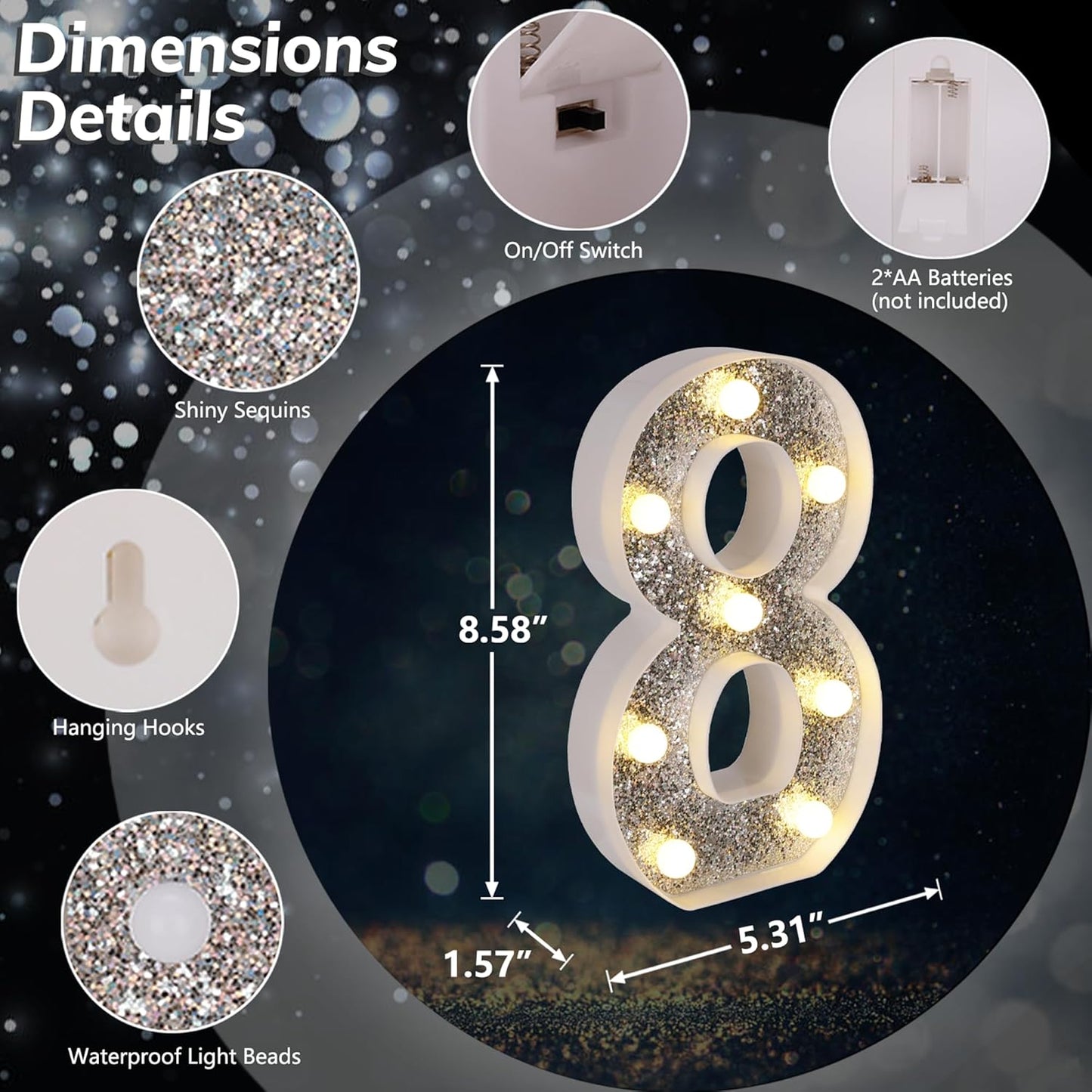 Marquee Light Up Letters, Glitter Silver LED Letter Lights Battery Powered Alphabet Letter Sign for Night Light Wedding Birthday Party Cafe Bar Decoration Girls Room Decor - Number 8