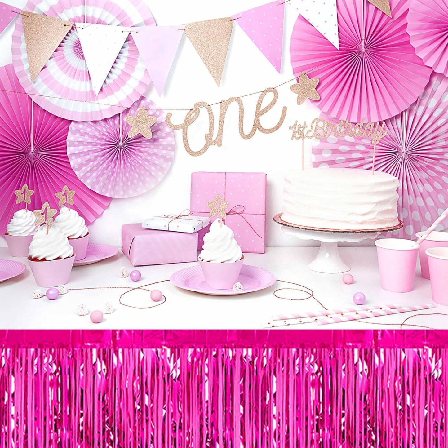 3 Pack 29 x108 Inch Fuchsia Foil Fringe Table Skirts Metallic Banner for Tinsel Streamer Garland Backdrop for Parade Floats Mother's Day, Graduate, Birthday, Wedding Party Decoration