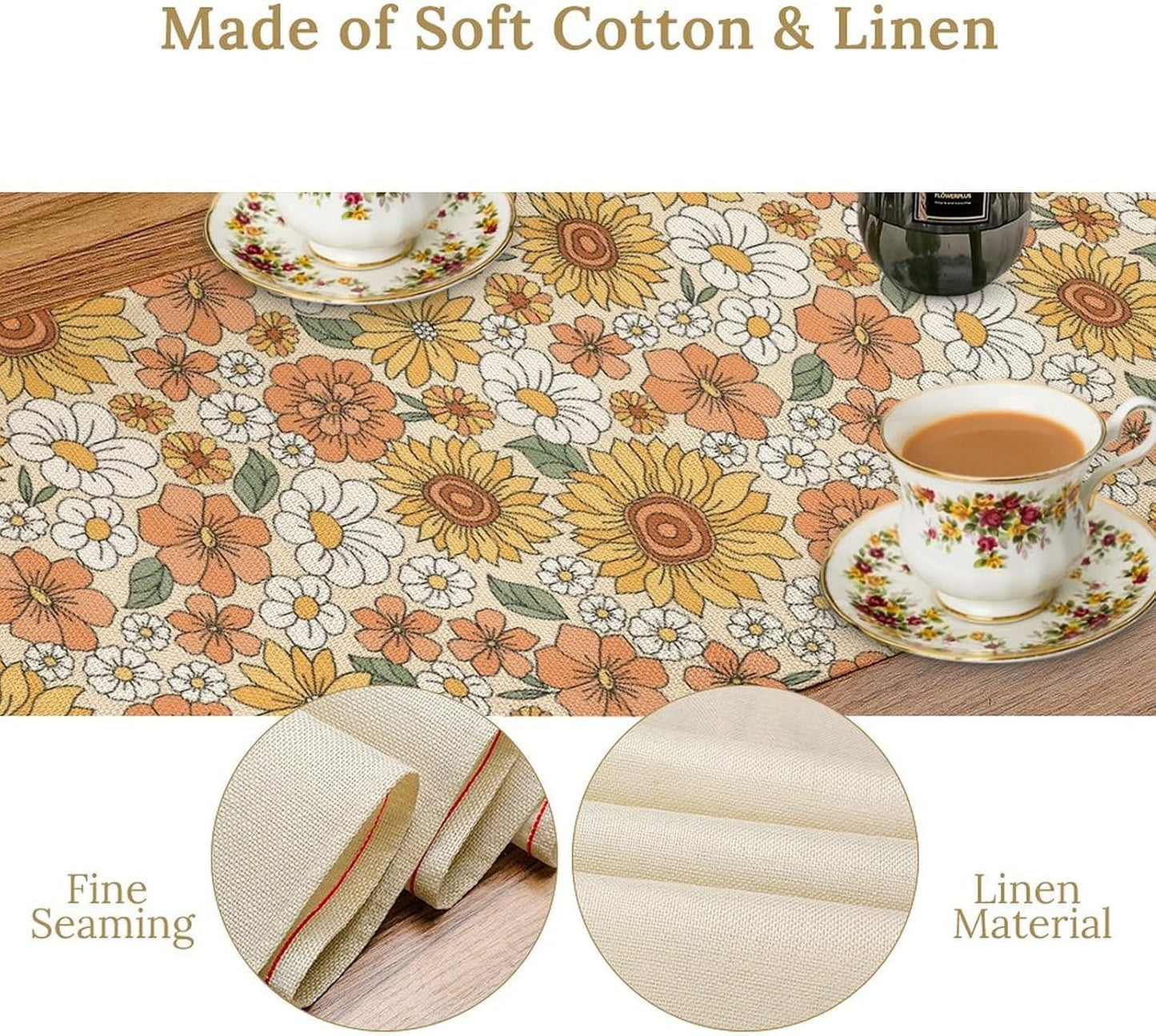 Vintage Floral Table Runner,Boho 70s Style Retro Daisies Flower Table Runner for Kitchen Dining Table Home Party Decoration 13x72 Inch