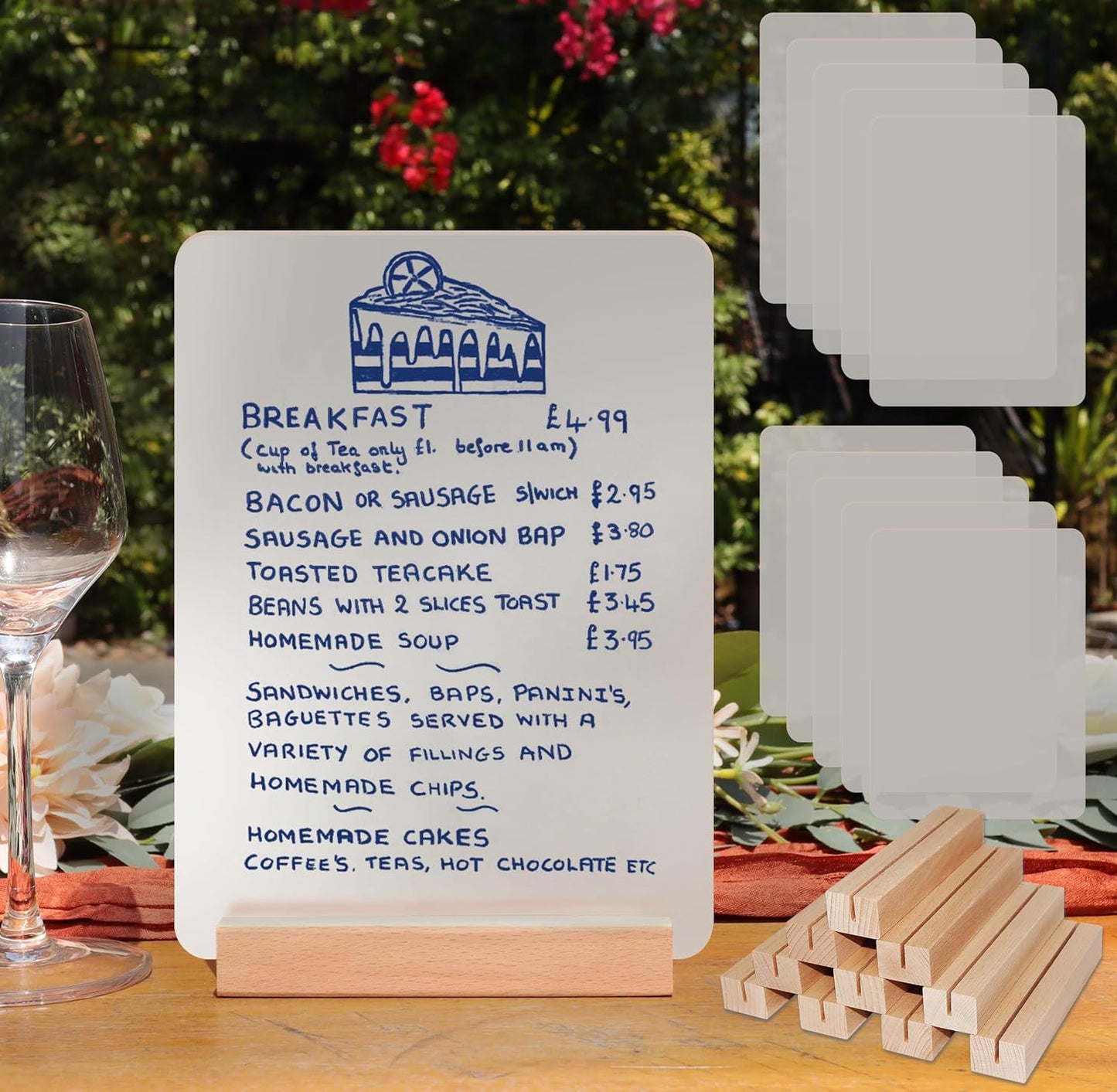 Frosted Blank Acrylic Sign with Wooden Stands - 10 Pack DIY Rectangle Customizable Sign Kit for Wedding Table Numbers, Restaurant Party Bridal Shower (6x8 Inch)