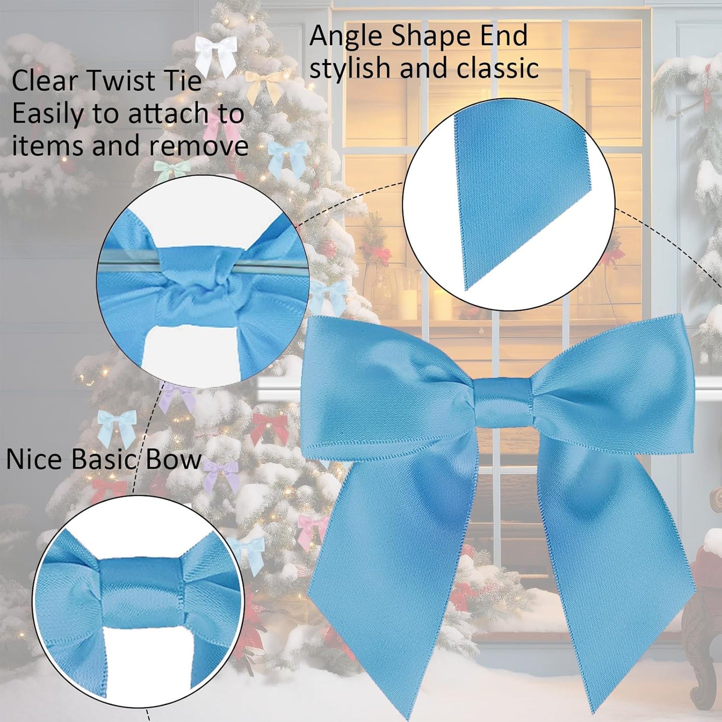 114 Pack Twist Tie Bows for Treat Bags 3" Sky Blue Satin Ribbon Bows for Package Craft, Gift Wrapping Decoration, Candy Bags, Bakery Bags, Wedding, Baptism, Tableware Decor Party Decoration