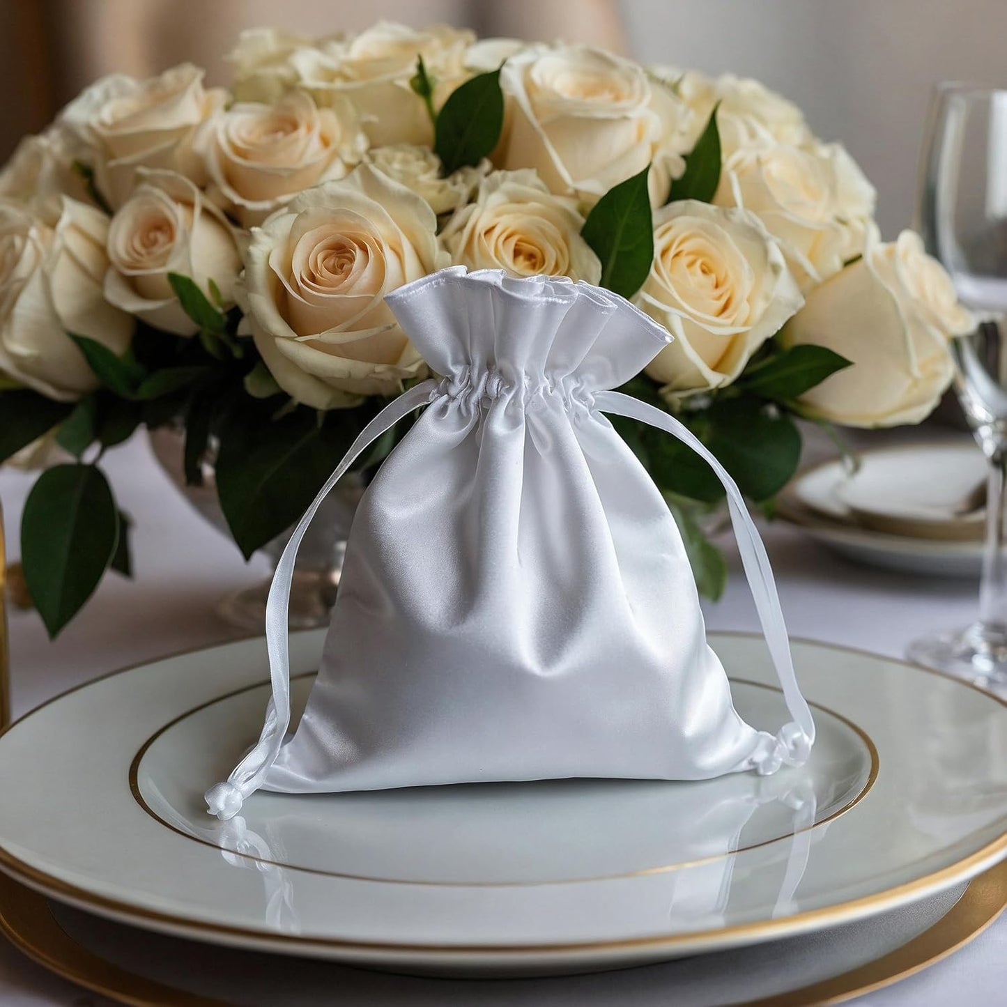 3" x 4" White Satin Gift Bags, Jewelry Bags, Wedding Favor Silky Drawstring Baby Shower Christmas 50 per Pack