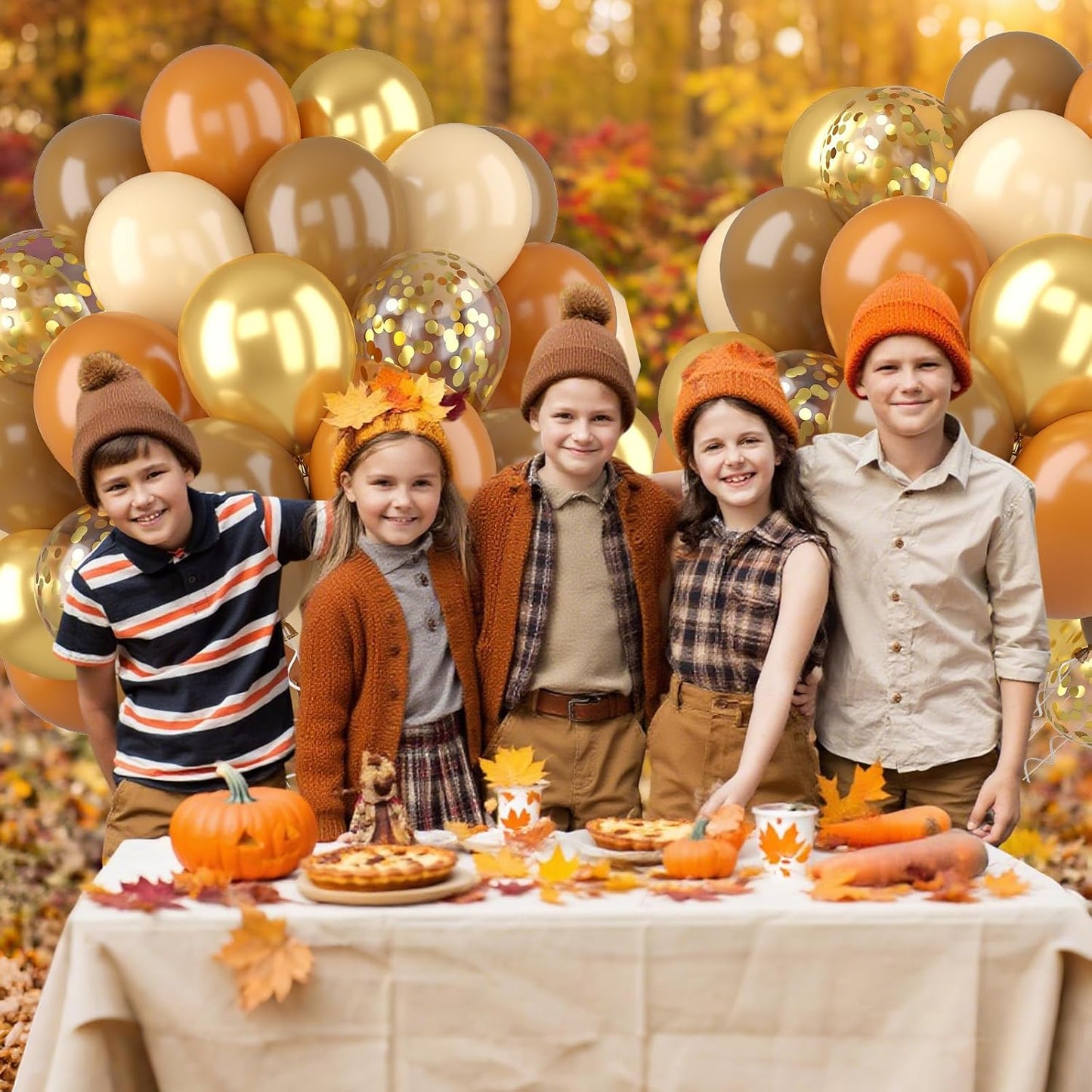 Fall Balloons, 52 PCS Brown Burnt Orange Autumn Balloons with Pumpkin & Maple Leaf Printed Balloon, Brown Sand White Balloon for Thanksgiving Gradution Pumpkin Baby Shower Fall Party Decorations