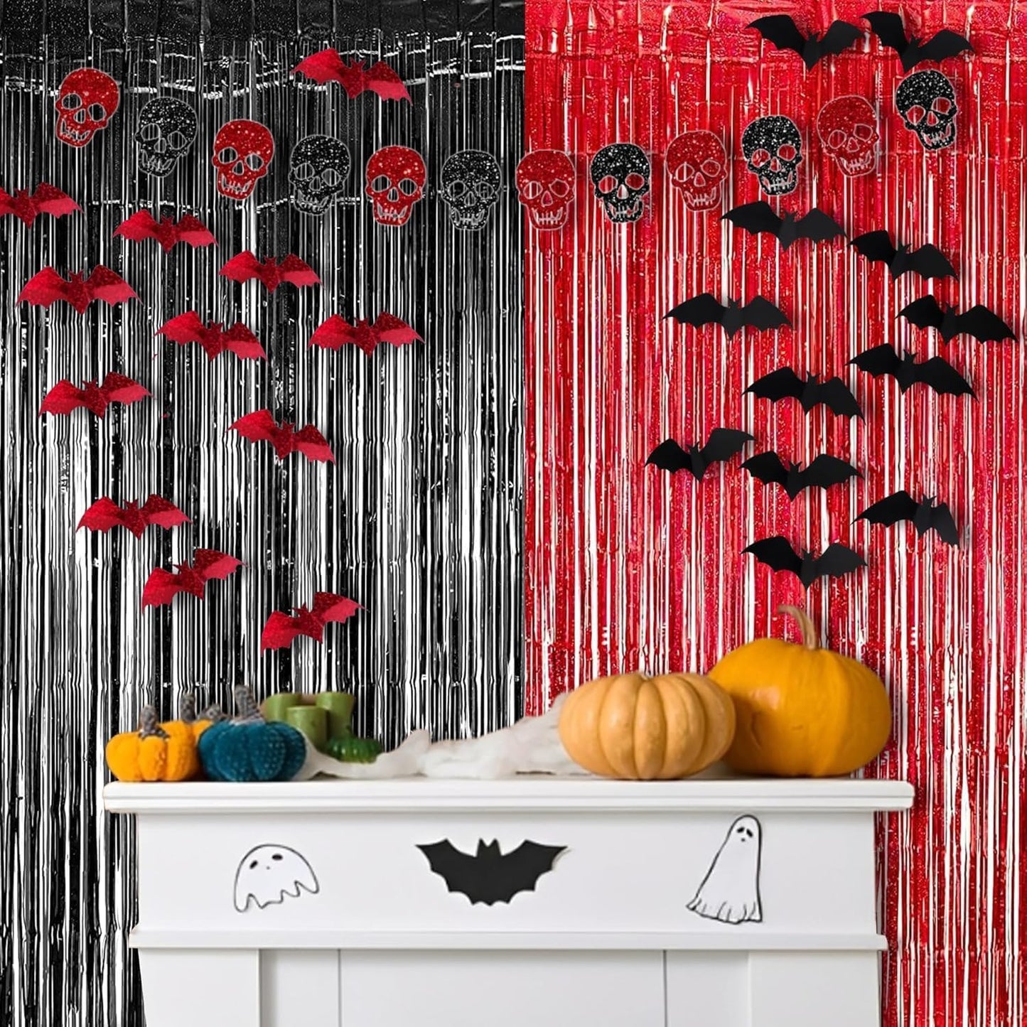 Foil Fringe Curtain Party Decorations - Black Red Metallic Tinsel Backdrop Party Steamers Curtains for Birthdays Halloweens Christmas Theme Prom Holidays Parties Decorations