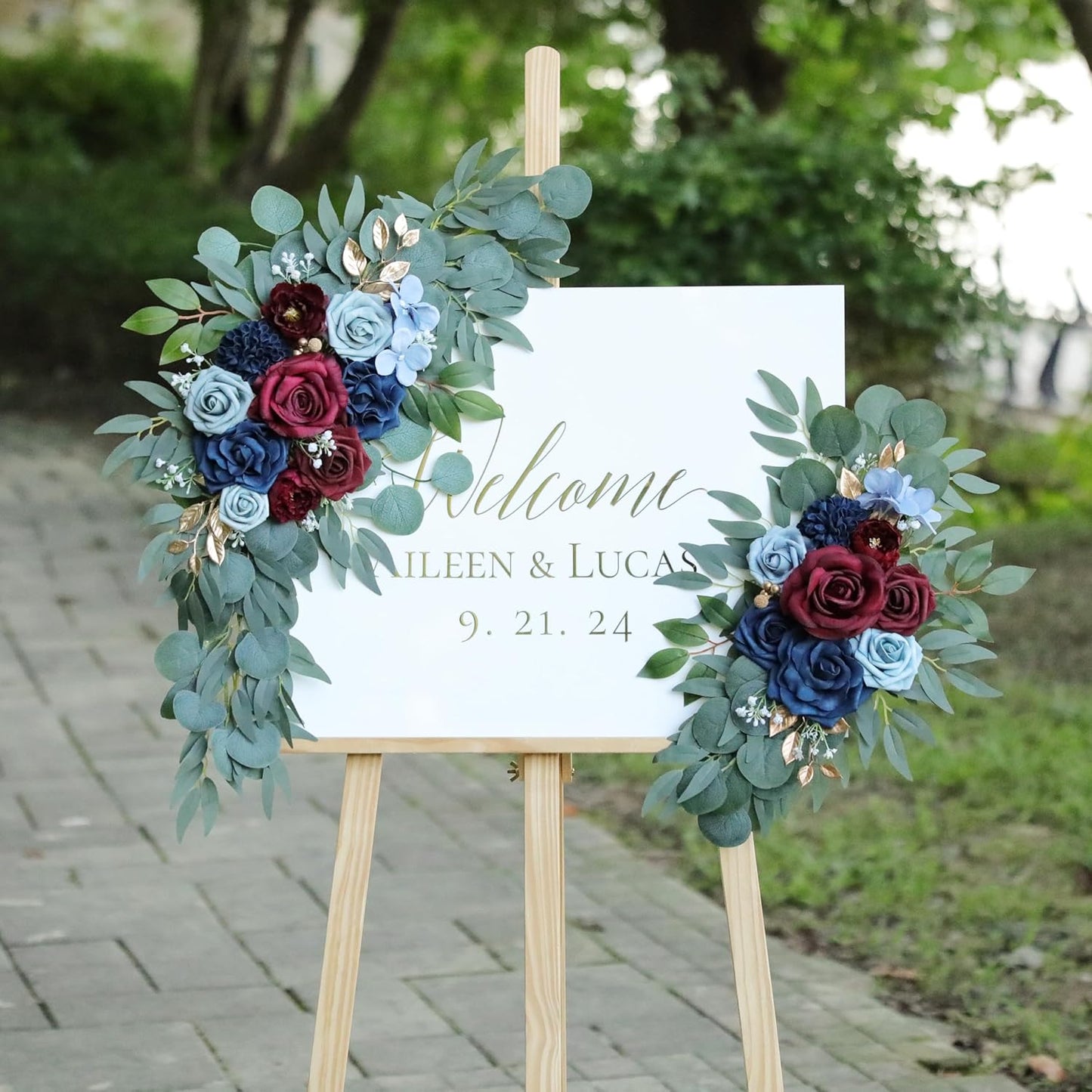Artificial Navy Blue and Burgundy Wedding Arch Flower Swags Set of 2 for Welcome Signs, Reception and Ceremony Decorations - Navy Blue Floral Decor