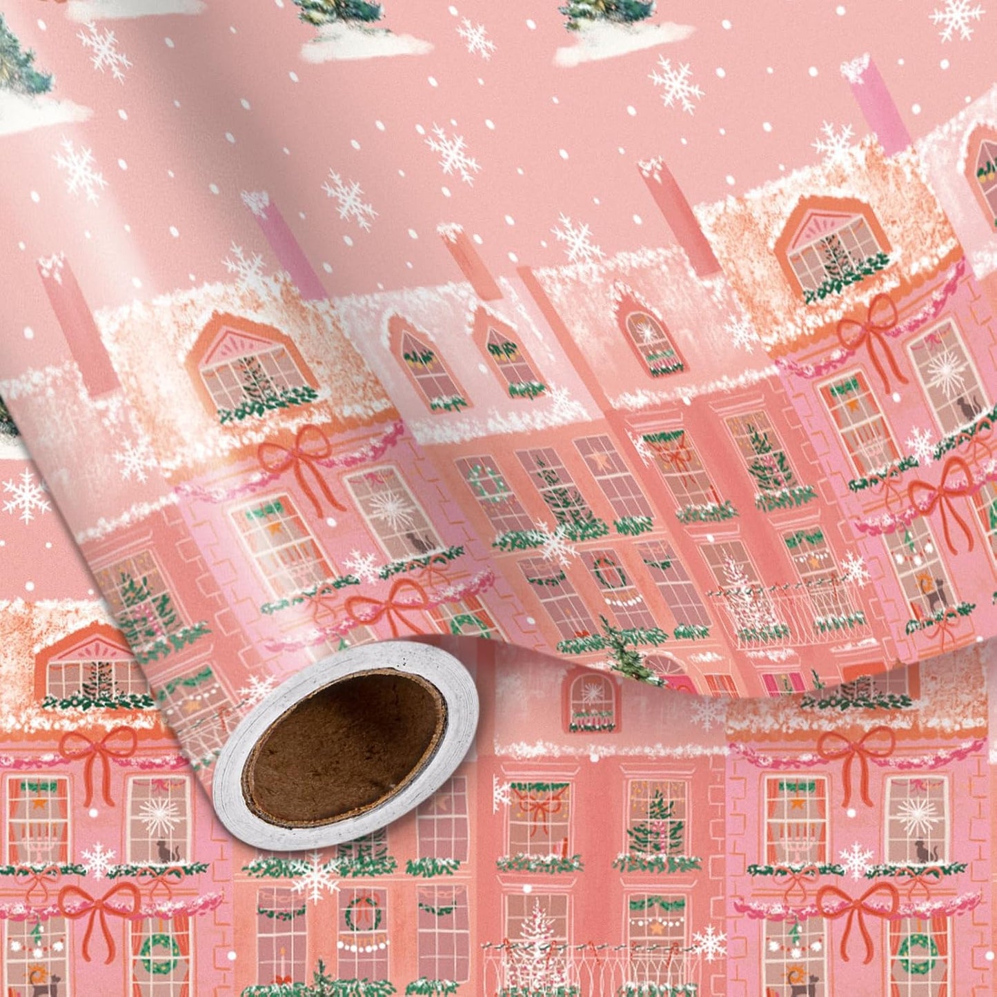 LeZakaa Pink Christmas Wrapping Paper Roll for Girls Kids, Winter Street Scene Romantic Townhouse with Snowflakes for Holiday Gifts, Family Friends, Winter Wonderland, Mini Roll 17 in x 16.4 Ft