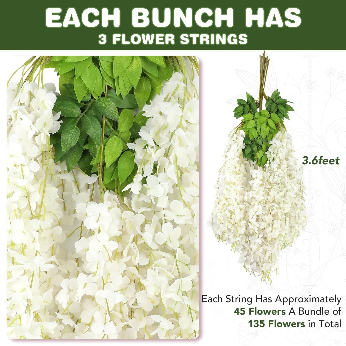 Wisteria Hanging Flowers,Fake Hanging Flowers,Wisteria artificiales Garland for Home Wedding Arch Floral Party Garden Ceremony Outdoor Decor,3.6 feet Long(108,White)