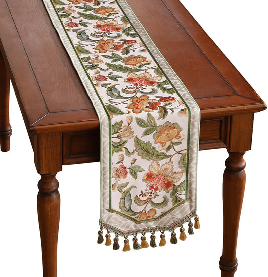 patdrea Designer Elegant French Floral Velvet Table Runner, Fresh Green with Orange Blossoms Pattern Table Mat, Decoration for Kitchen Dining Coffee Table Cabinet Banquet Thanksgiving,12"*87"