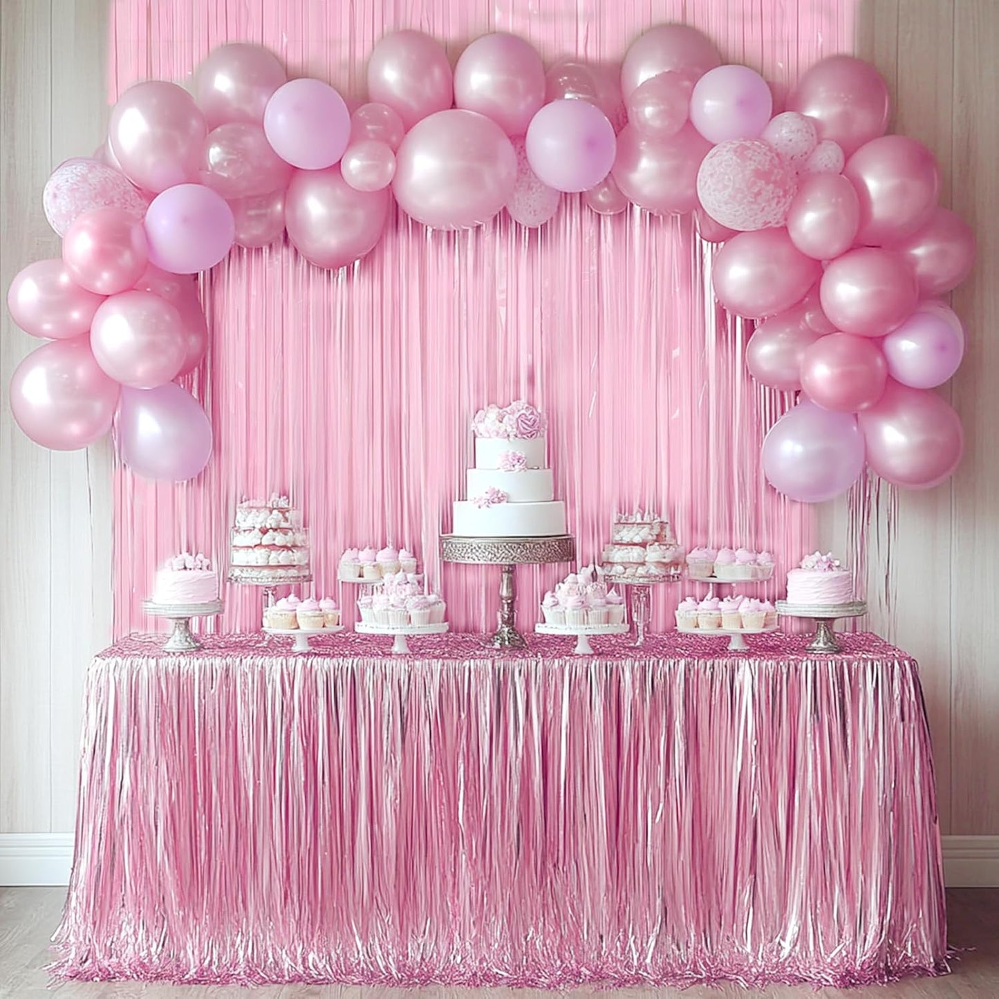 4 Packs Pastel Pink Foil Fringe Curtain, Baby Pink Metallic Tinsel Backdrop for Birthday, Wedding, Baby Shower, Princess Bachelorette Cowgirl Bow Party Decorations Supplies