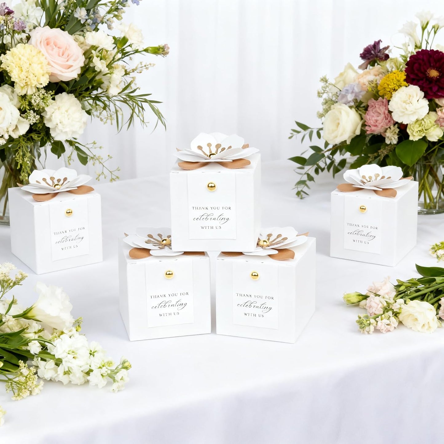 FEIYI 20 PCS Candy Boxes, 3 In 1 White Favor Boxes With Floral Decor, White Thank You Tags Gift Wrapping For Wedding Birthday Baby Shower Decorations Party -2.55x2.55x2.55''