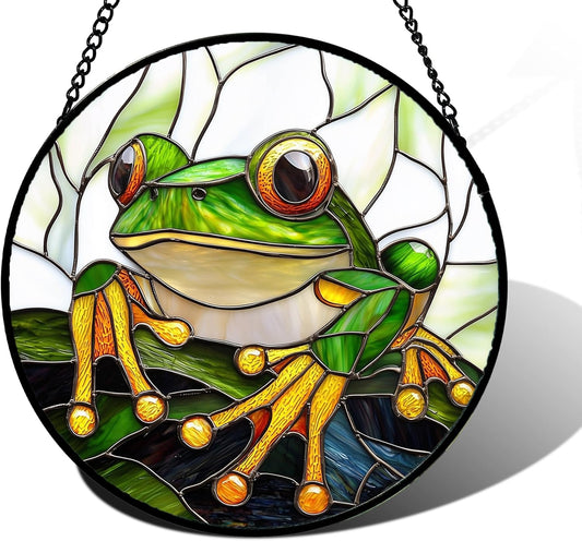 Stained Glass Window Hanging, Green Frog White Petals Sun Catchers Colorful Glass Panel Cute Suncatcher Decor for Birthday for Women, Men, Wife, Aunt, and Mom 9.8 in